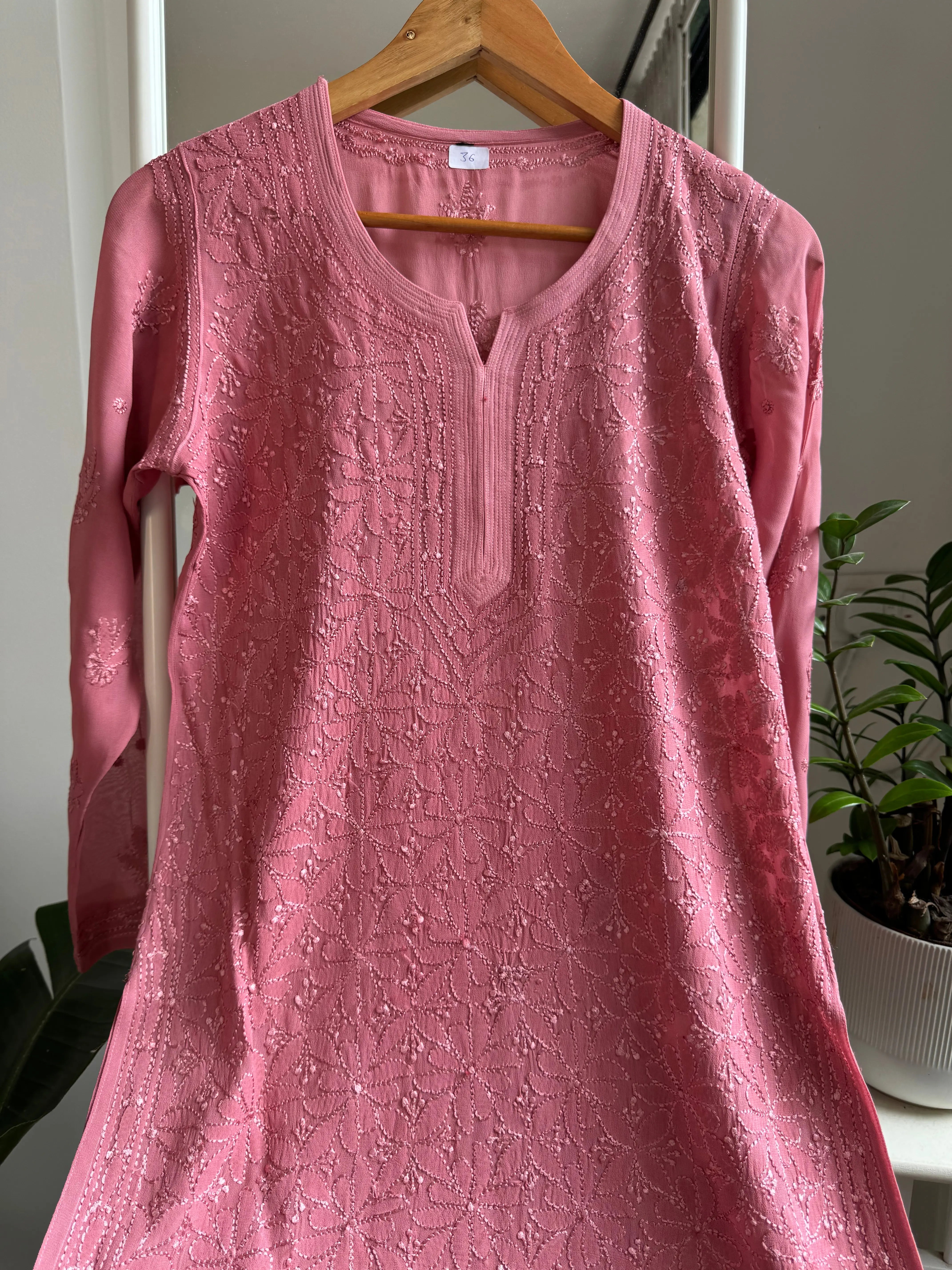 Chikankari Viscose Georgette short Top in Rosewood Pink ARIAA CHIKANKARI 