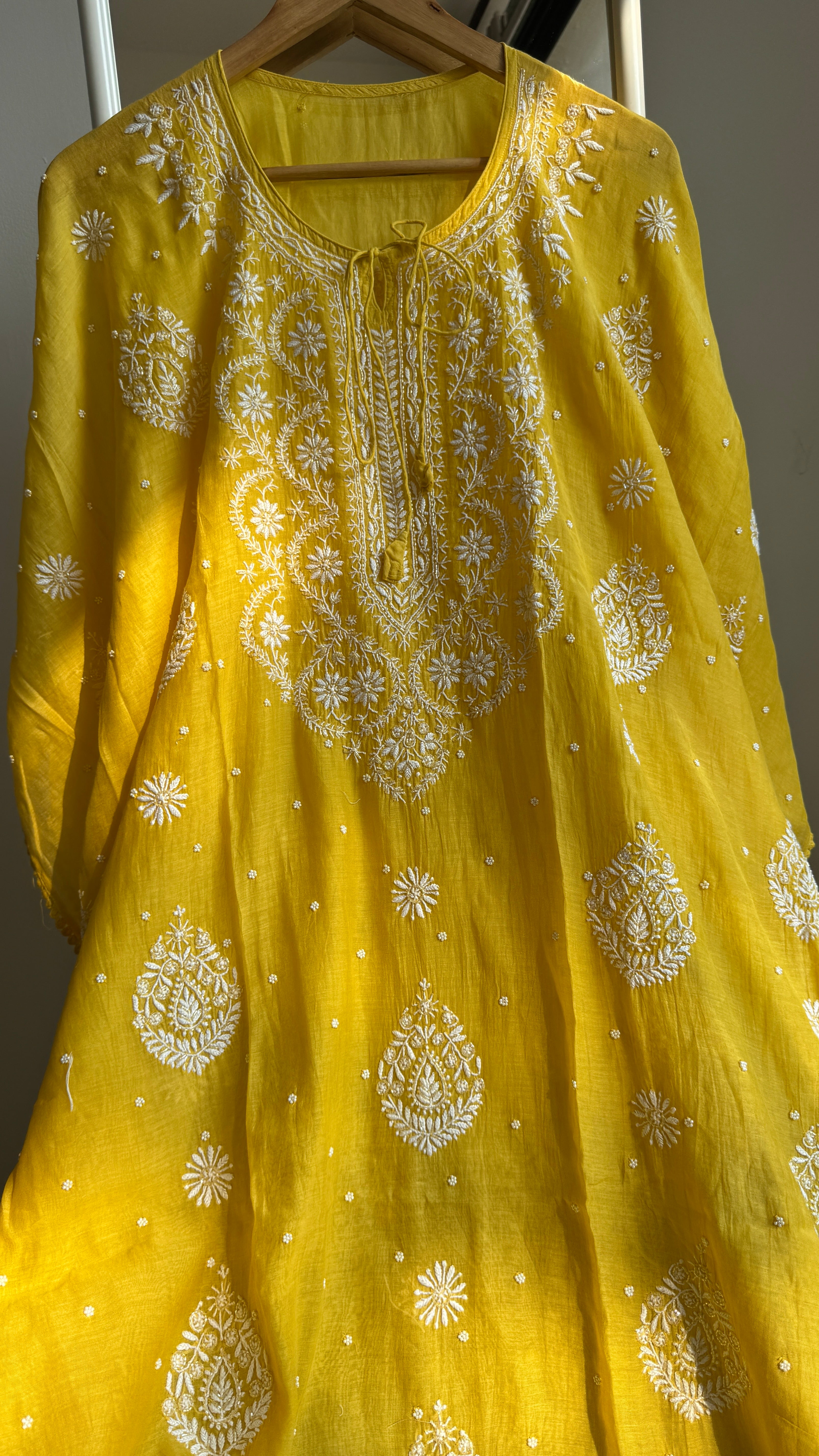 Mul Chanderi Chikankari Kaftan - Yellow