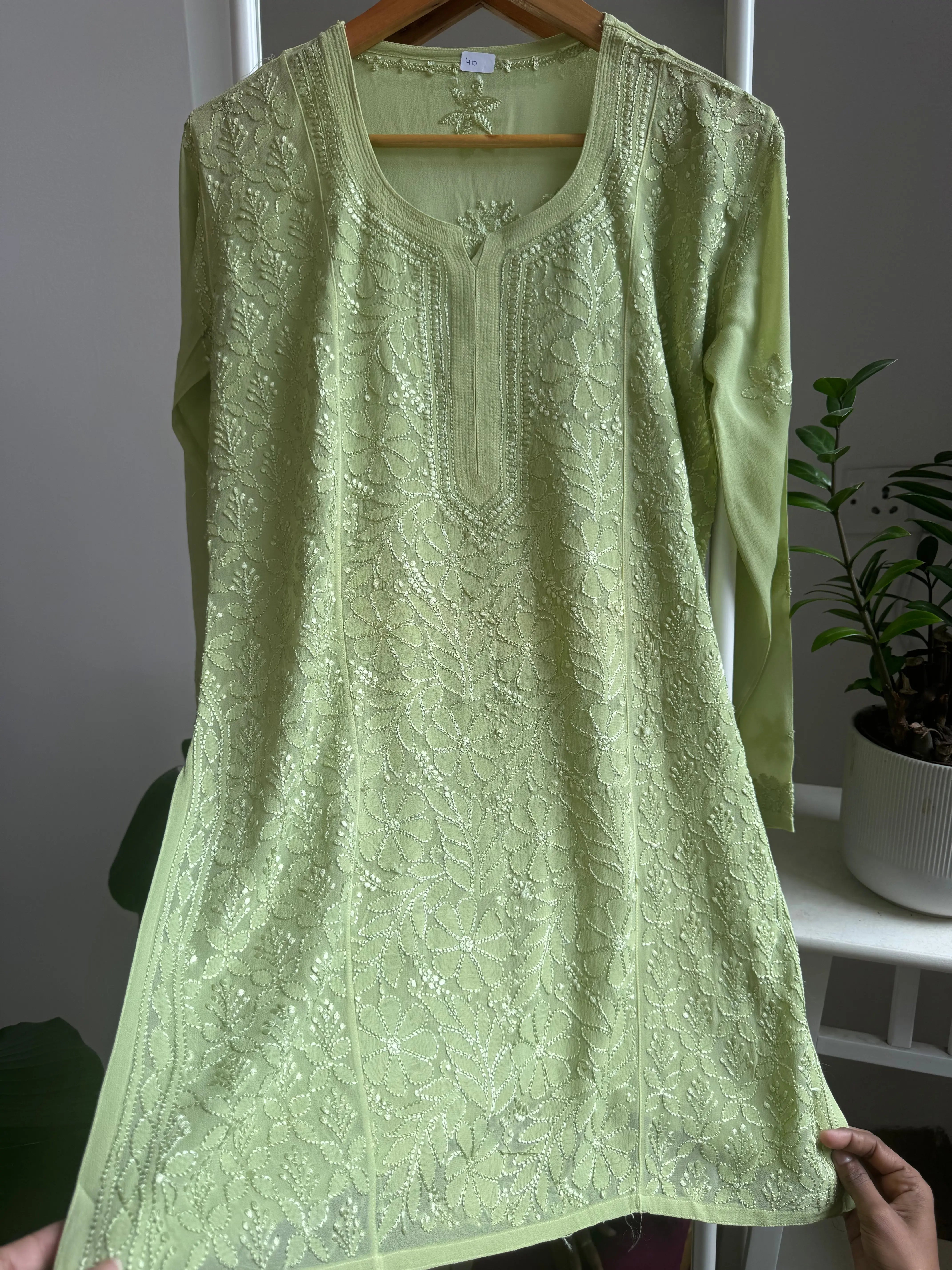 Chikankari Viscose Georgette short Top in Light Green ARIAA CHIKANKARI 