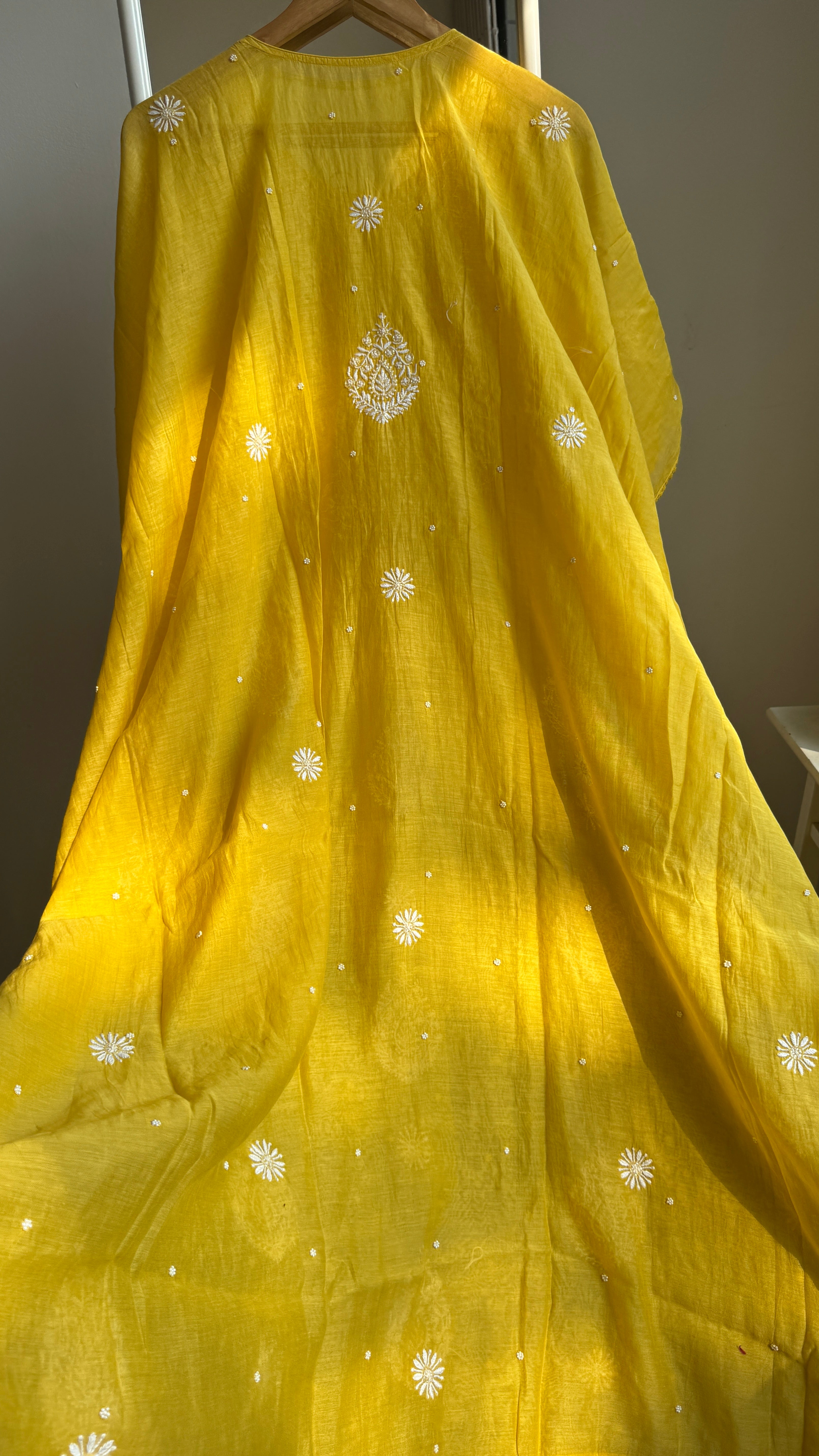 Mul Chanderi Chikankari Kaftan - Yellow