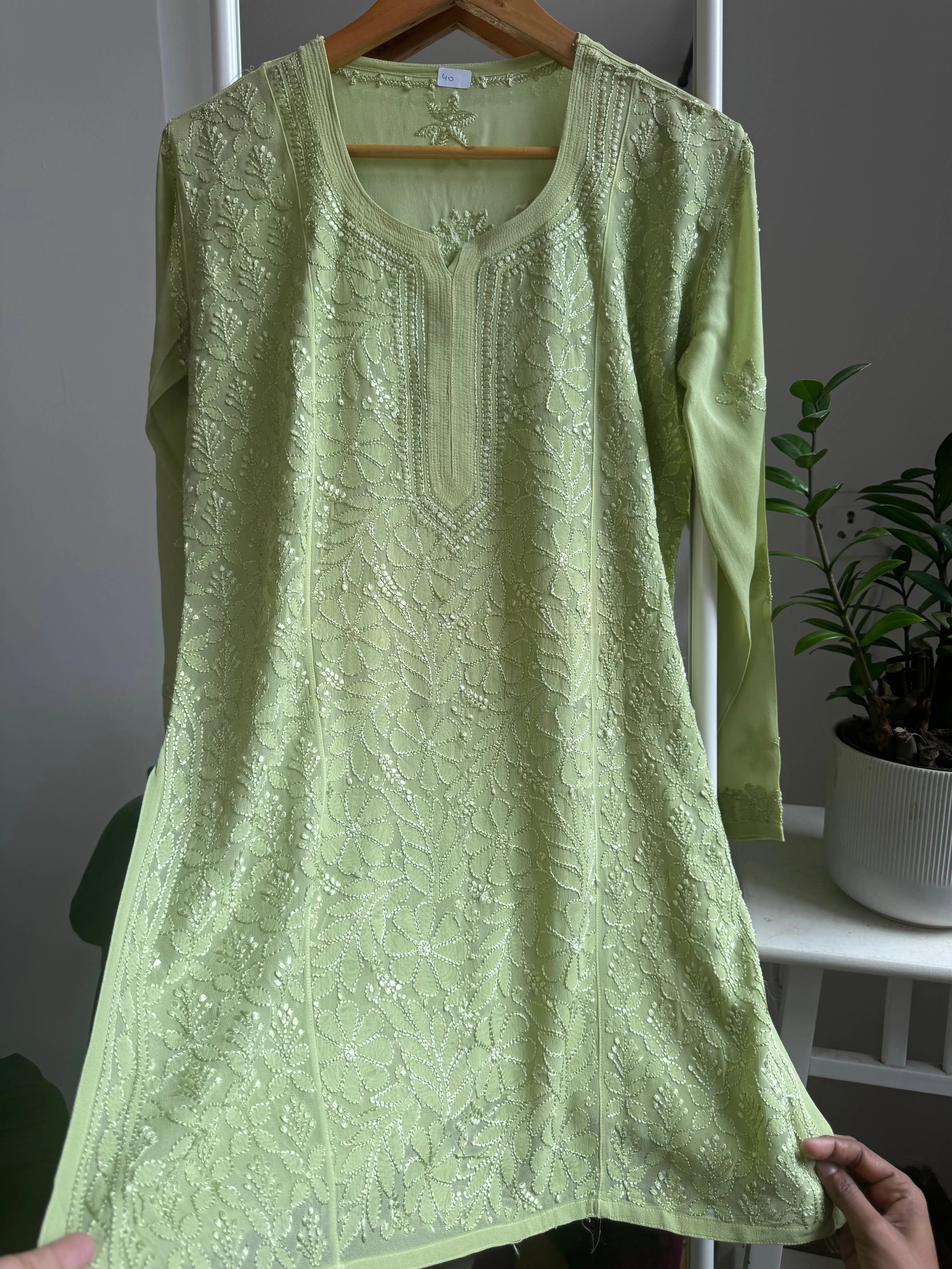 Chikankari Viscose Georgette short Top in Light Green ARIAA CHIKANKARI 