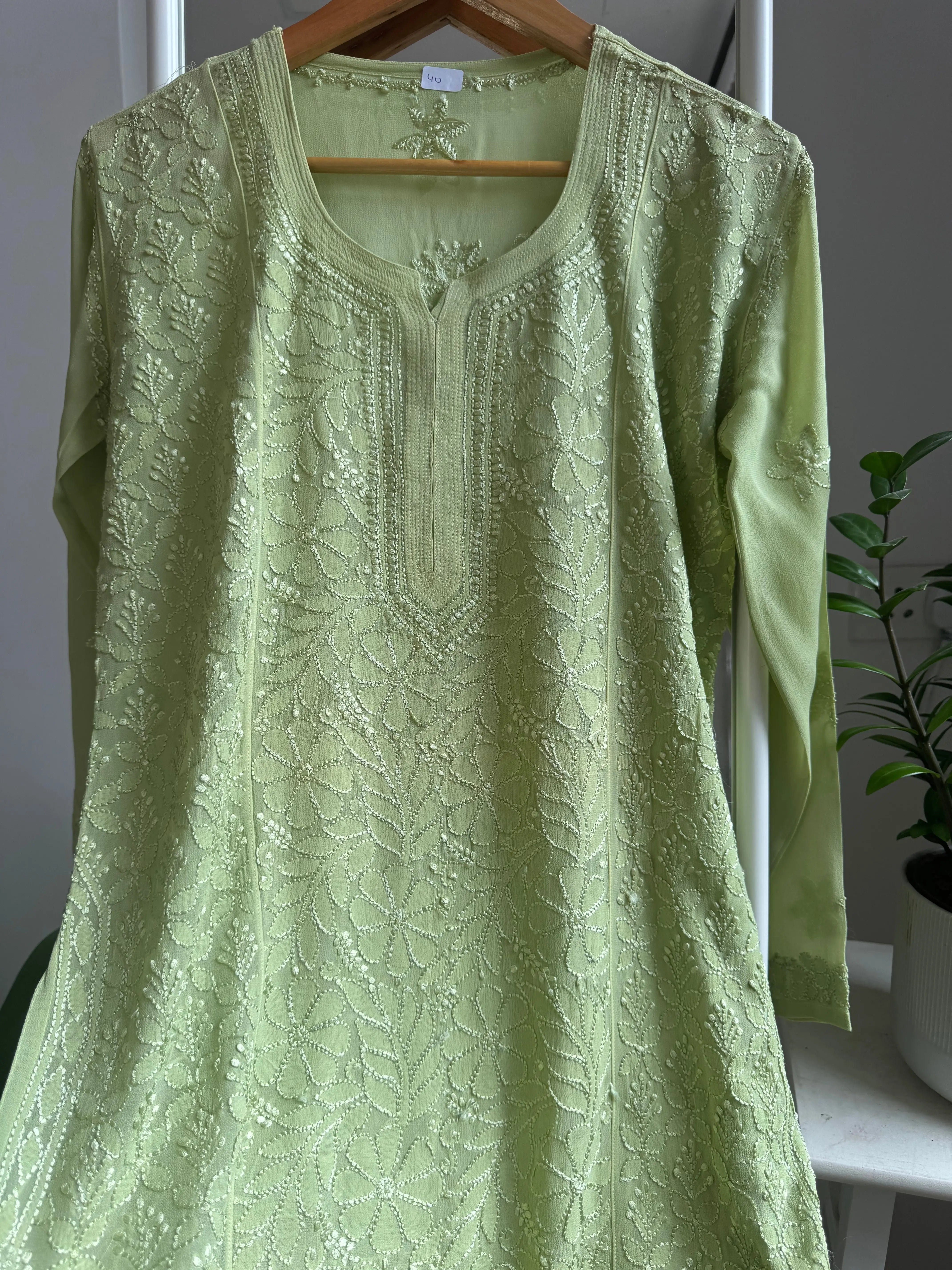 Chikankari Viscose Georgette short Top in Light Green ARIAA CHIKANKARI 