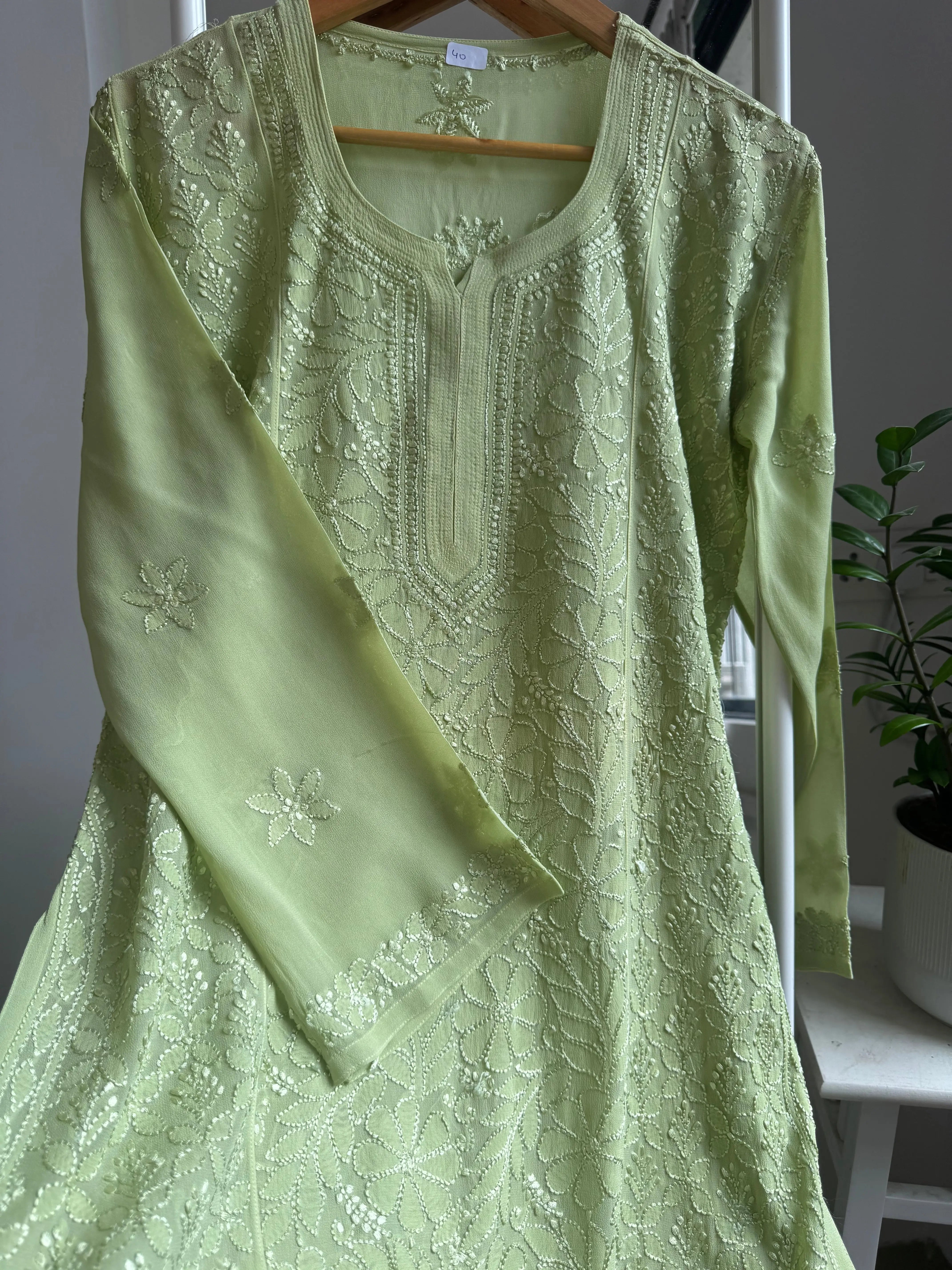 Chikankari Viscose Georgette short Top in Light Green ARIAA CHIKANKARI 