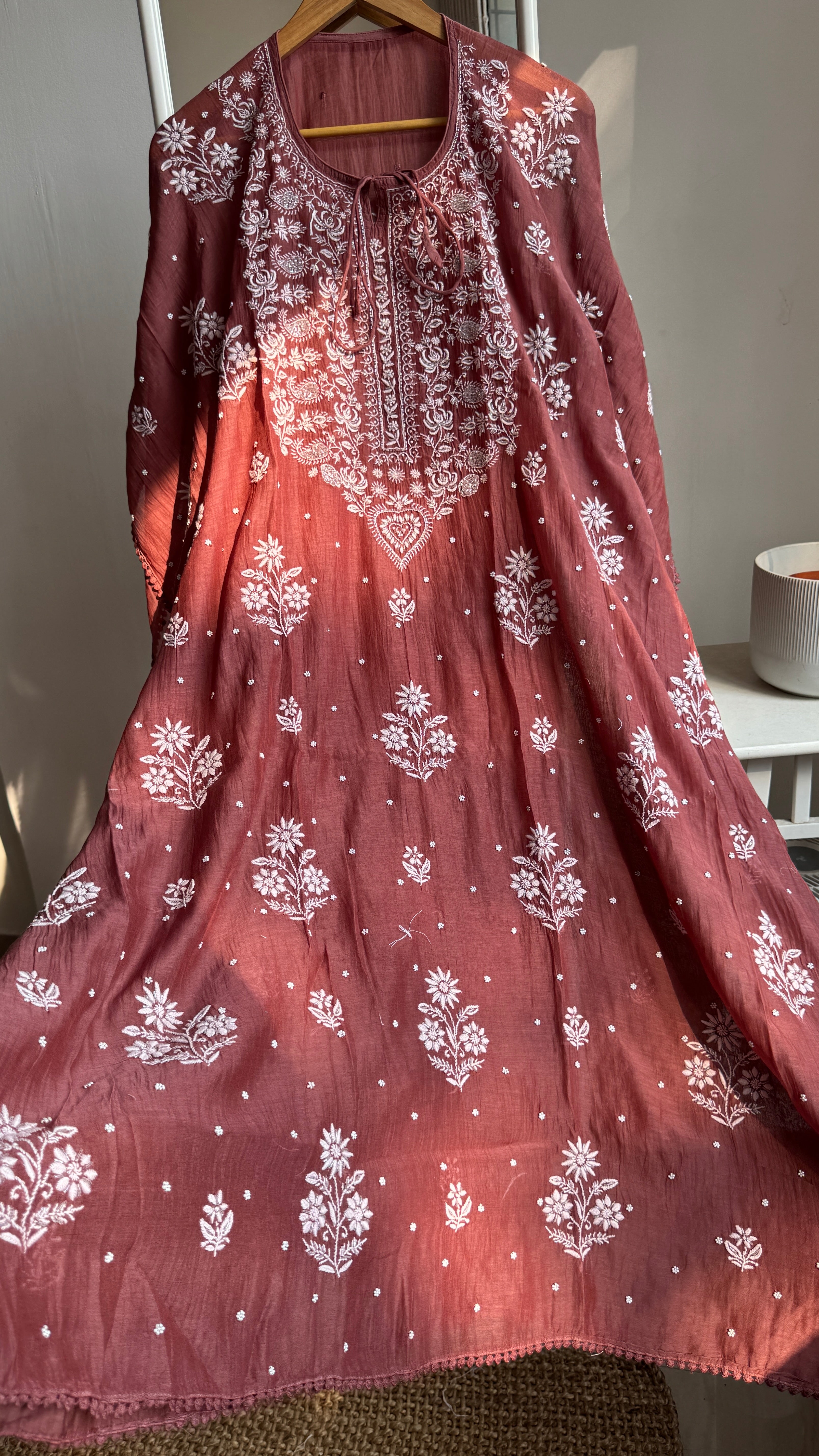 Mul Chanderi Chikankari Kaftan - Brown