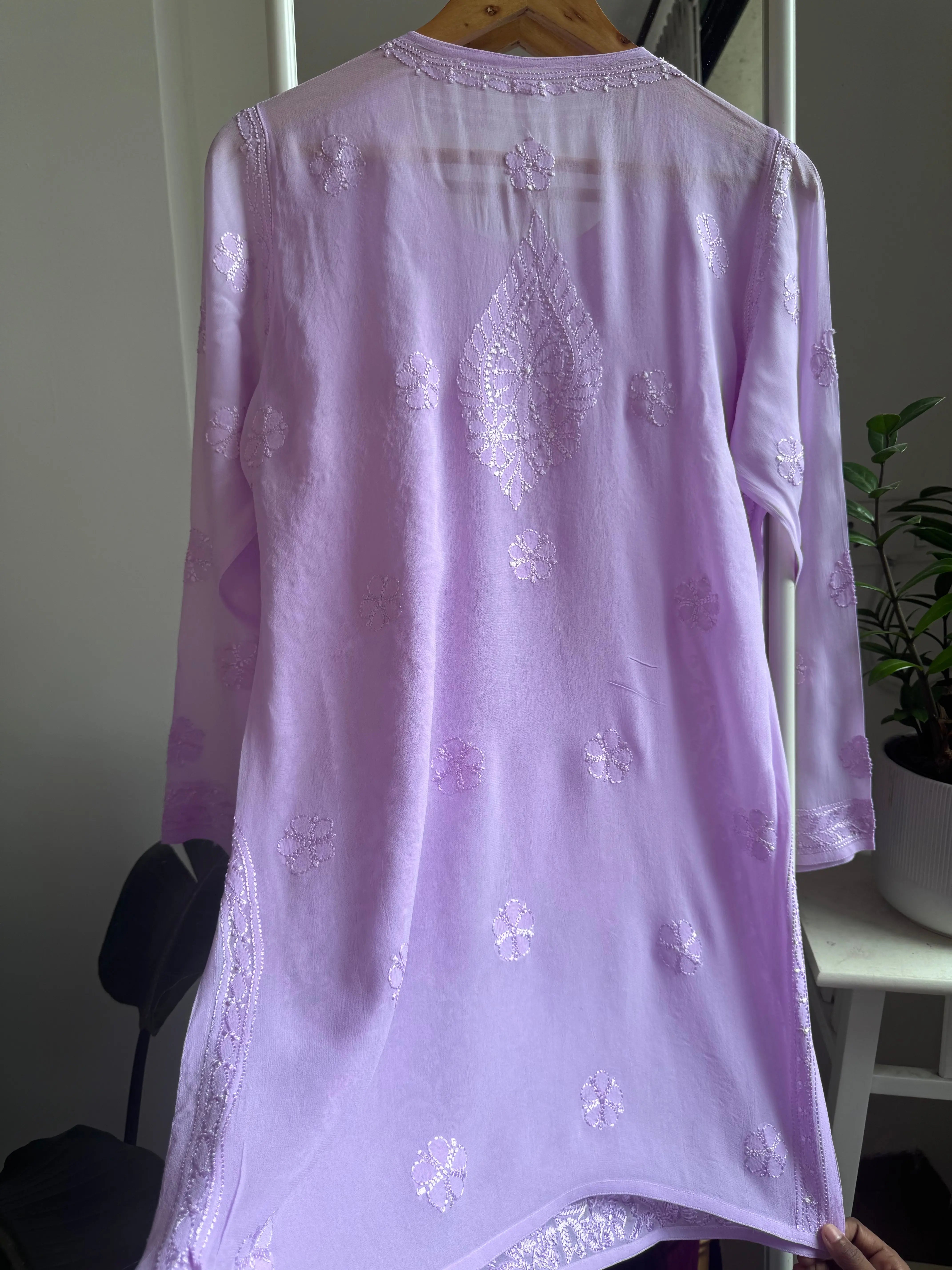 Chikankari Viscose Georgette short Top in Lilac ARIAA CHIKANKARI 