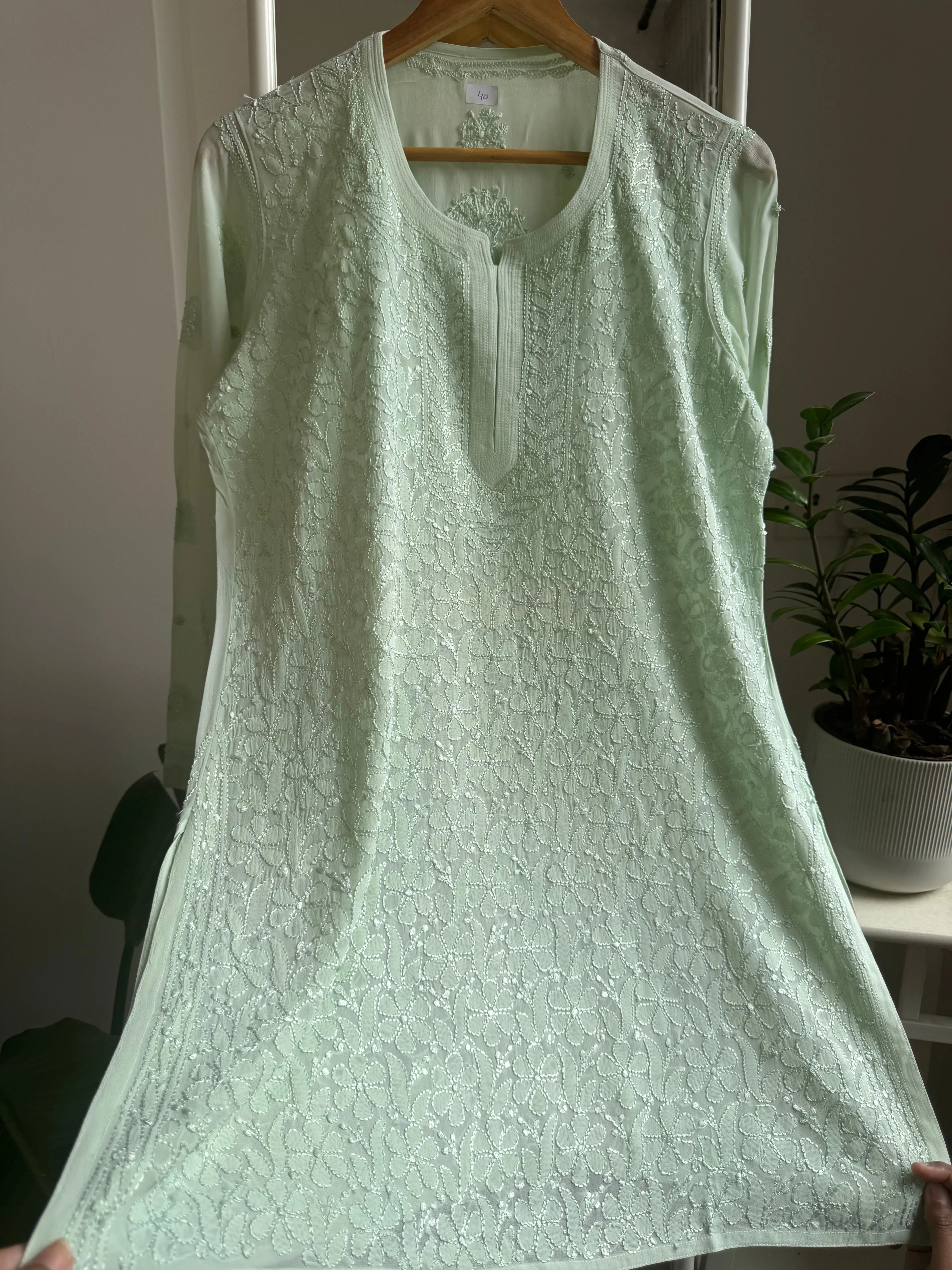 Chikankari Viscose Georgette short Top in Light Green ARIAA CHIKANKARI 