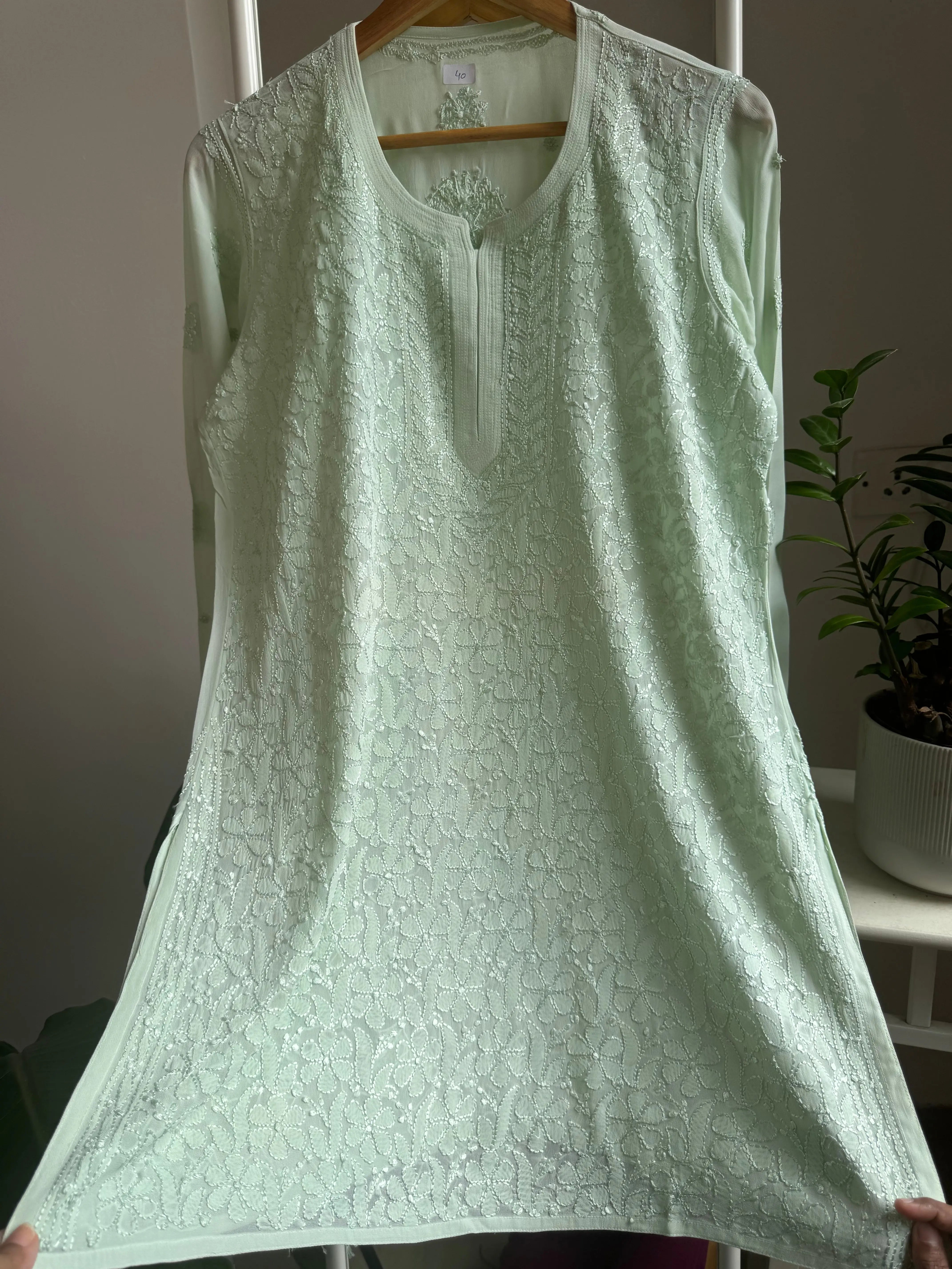 Chikankari Viscose Georgette short Top in Light Green ARIAA CHIKANKARI 