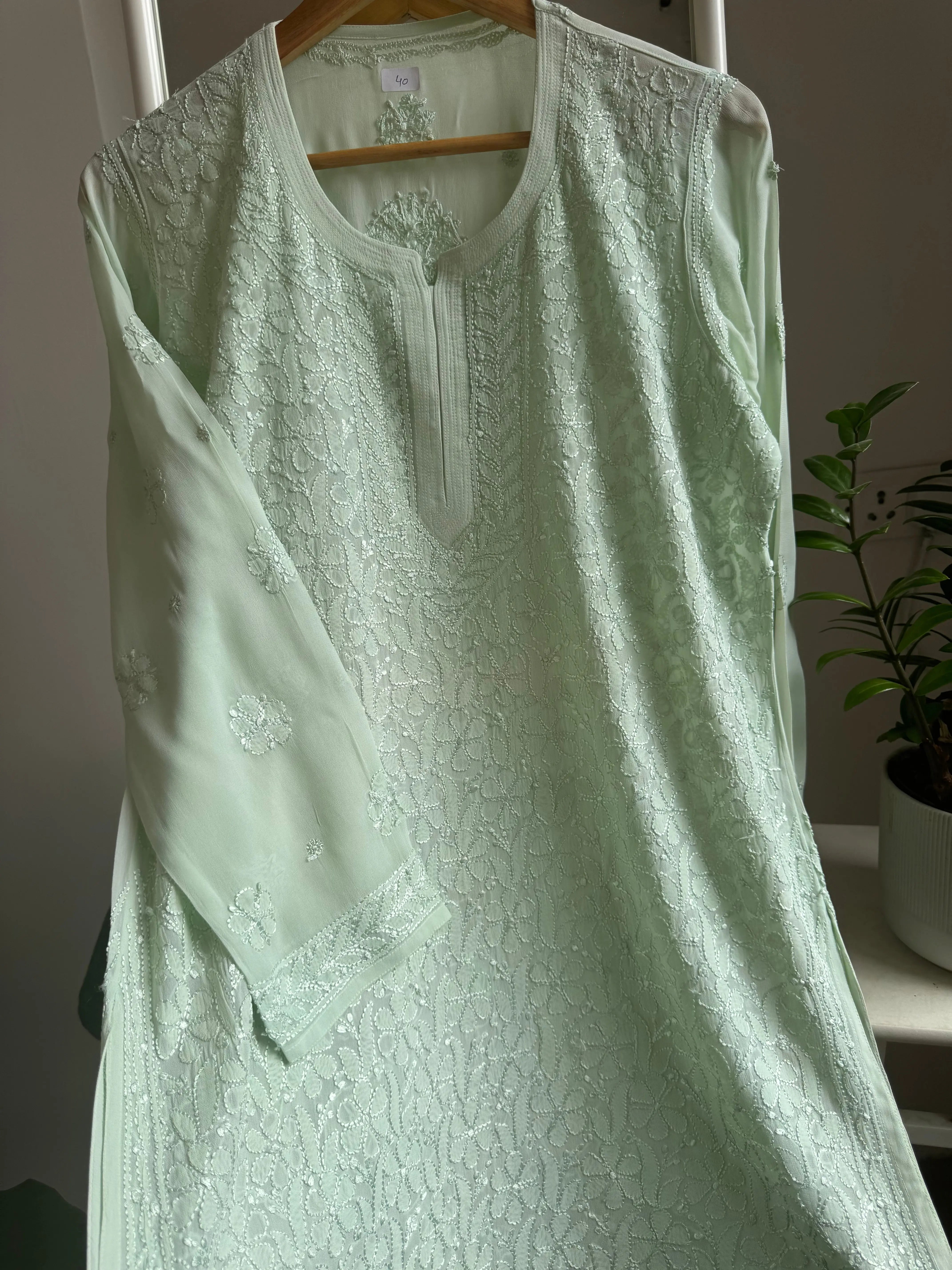 Chikankari Viscose Georgette short Top in Light Green ARIAA CHIKANKARI 