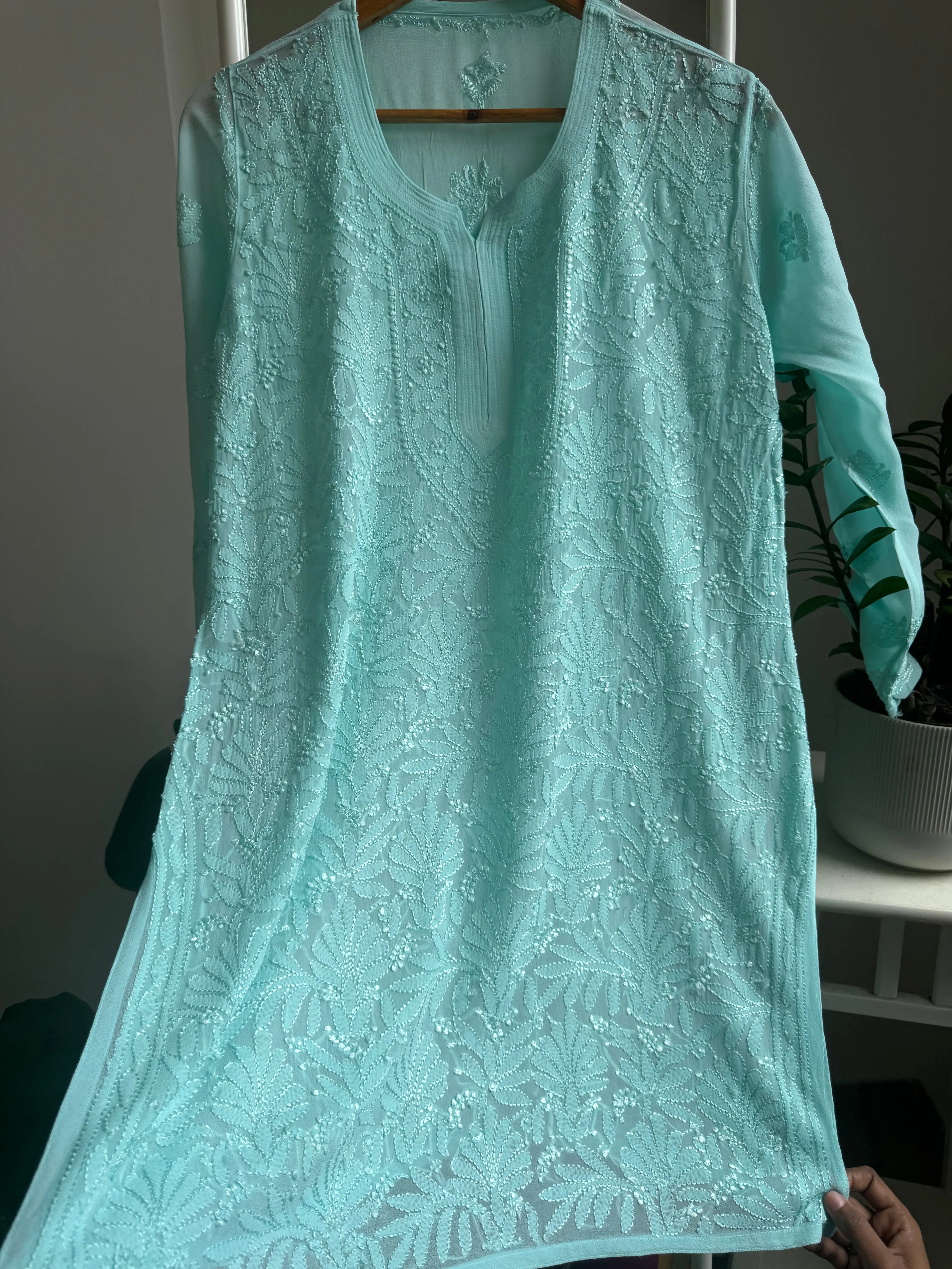 Chikankari Viscose Georgette short Top in Cyan Green ARIAA CHIKANKARI 