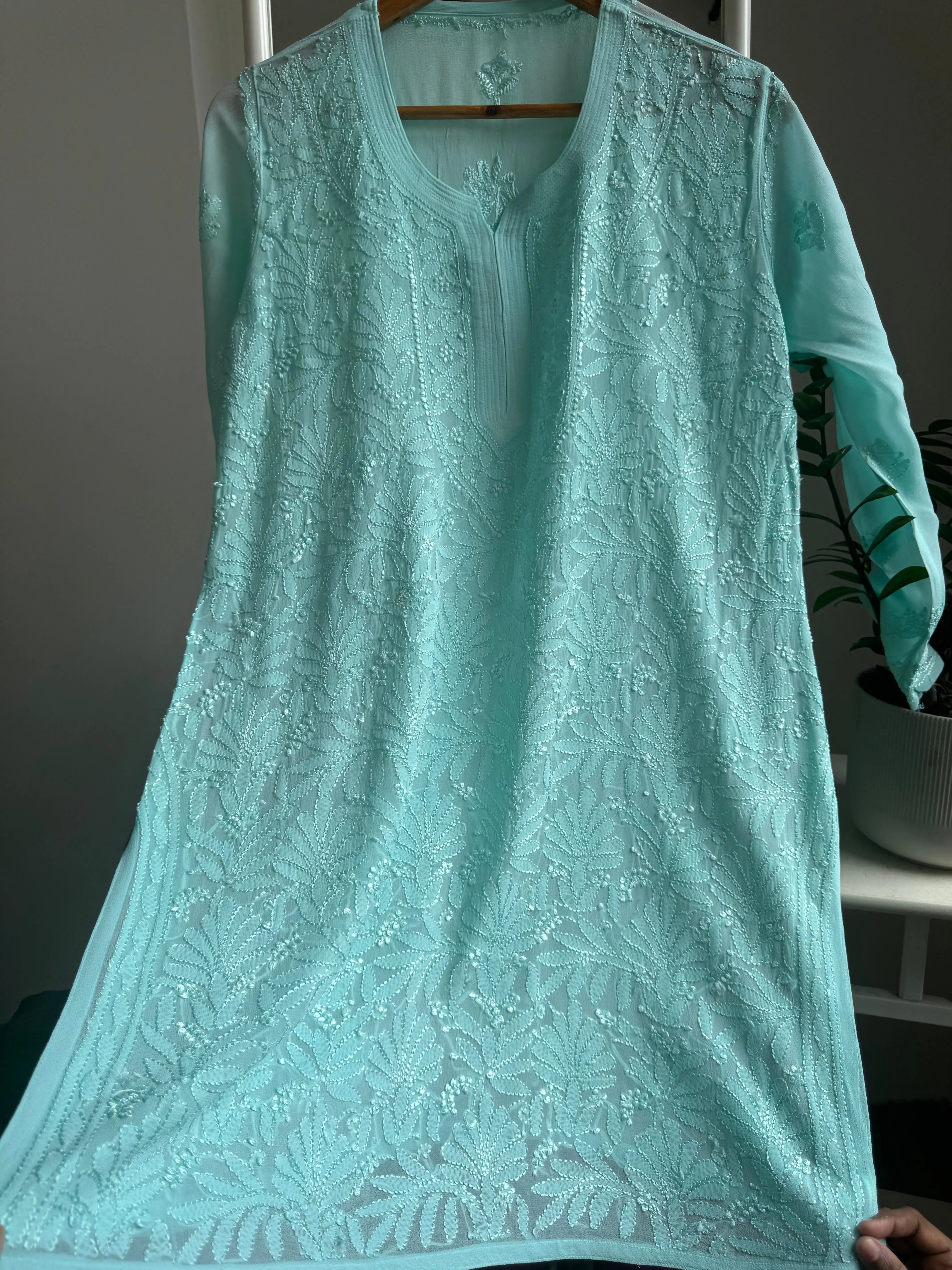 Chikankari Viscose Georgette short Top in Cyan Green ARIAA CHIKANKARI 