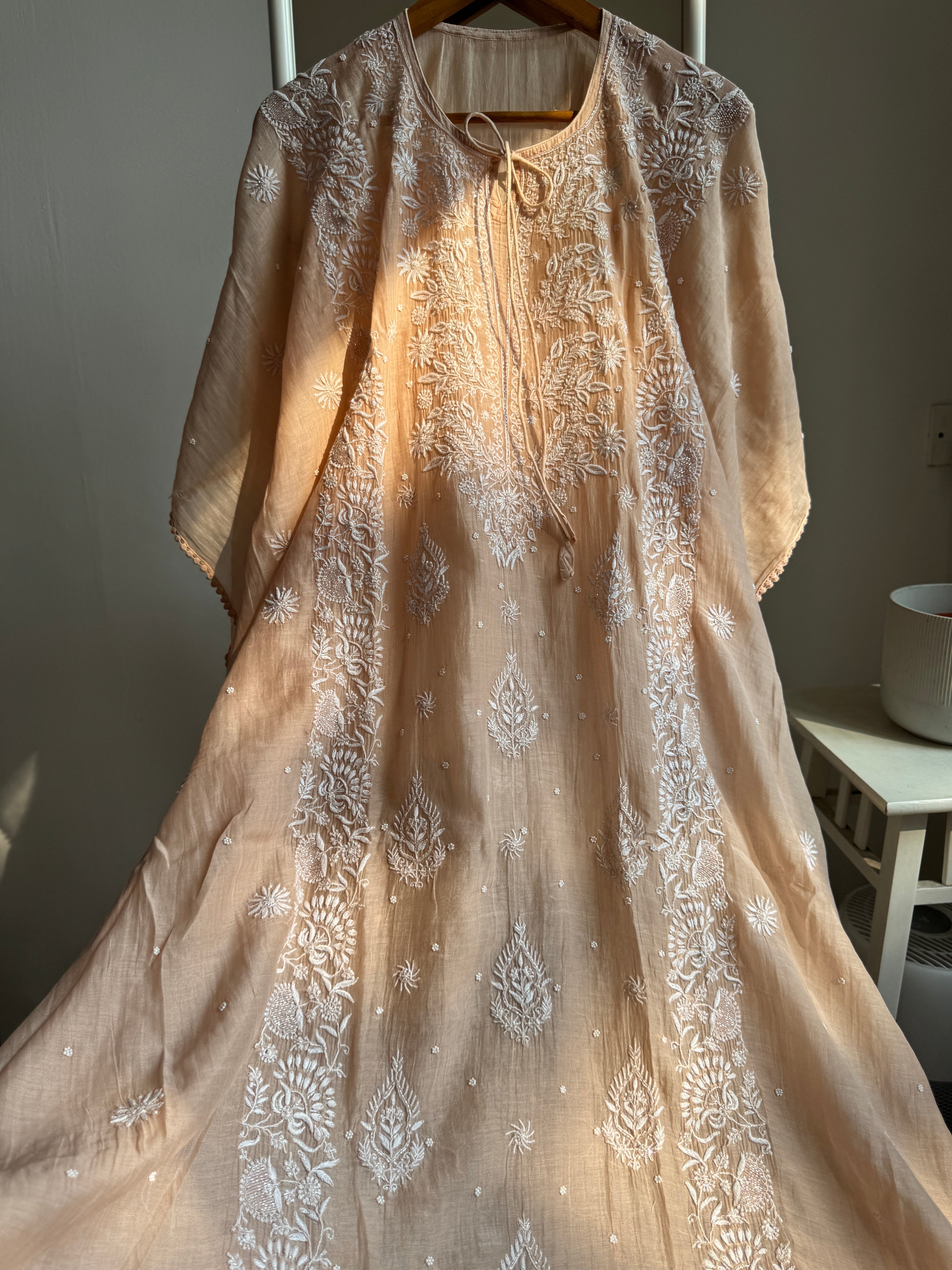 Mul Chanderi Chikankari Kaftan - Blush peach