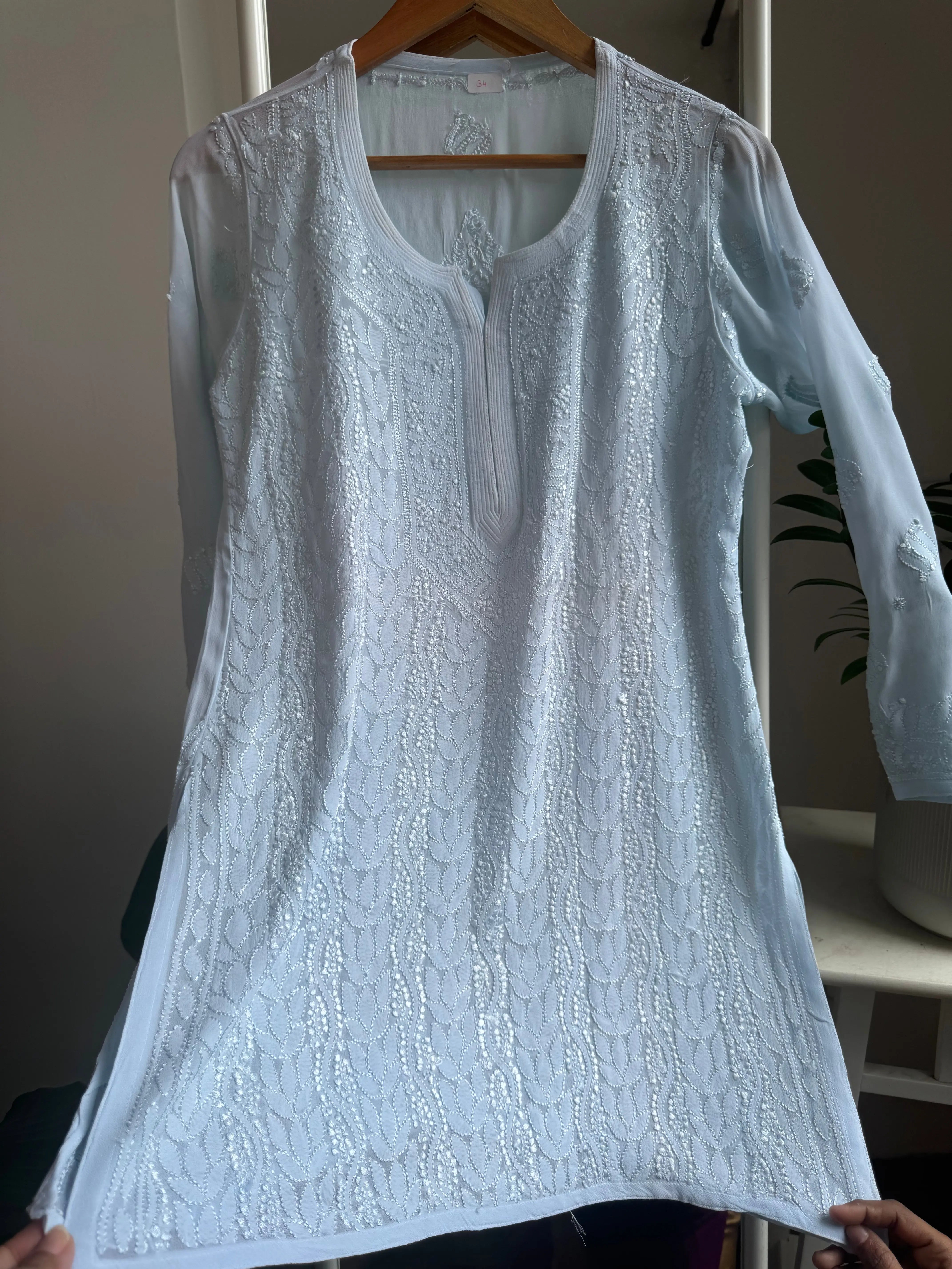 Chikankari Viscose Georgette short Top in Baby Blue ARIAA CHIKANKARI 