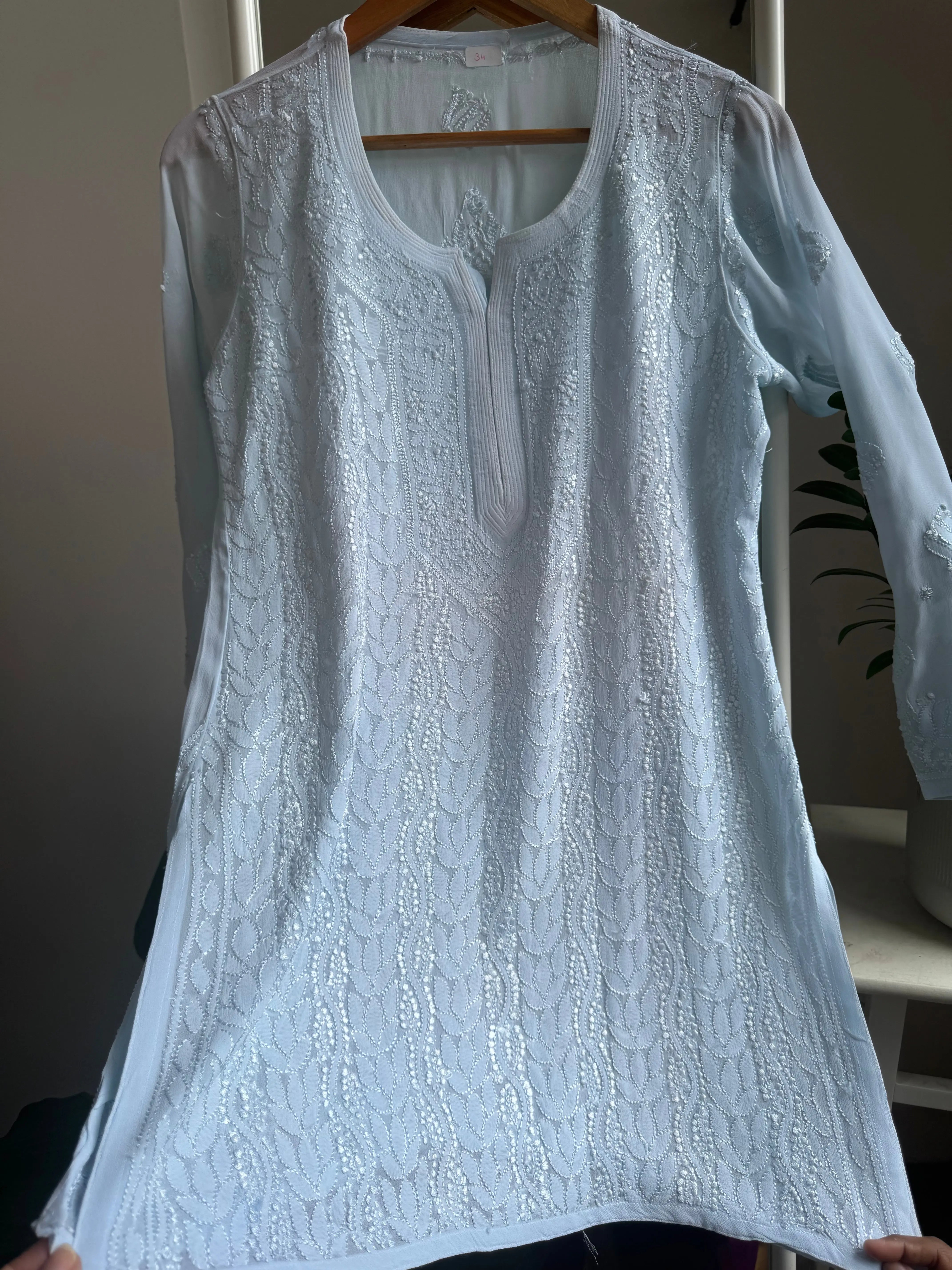 Chikankari Viscose Georgette short Top in Baby Blue ARIAA CHIKANKARI 