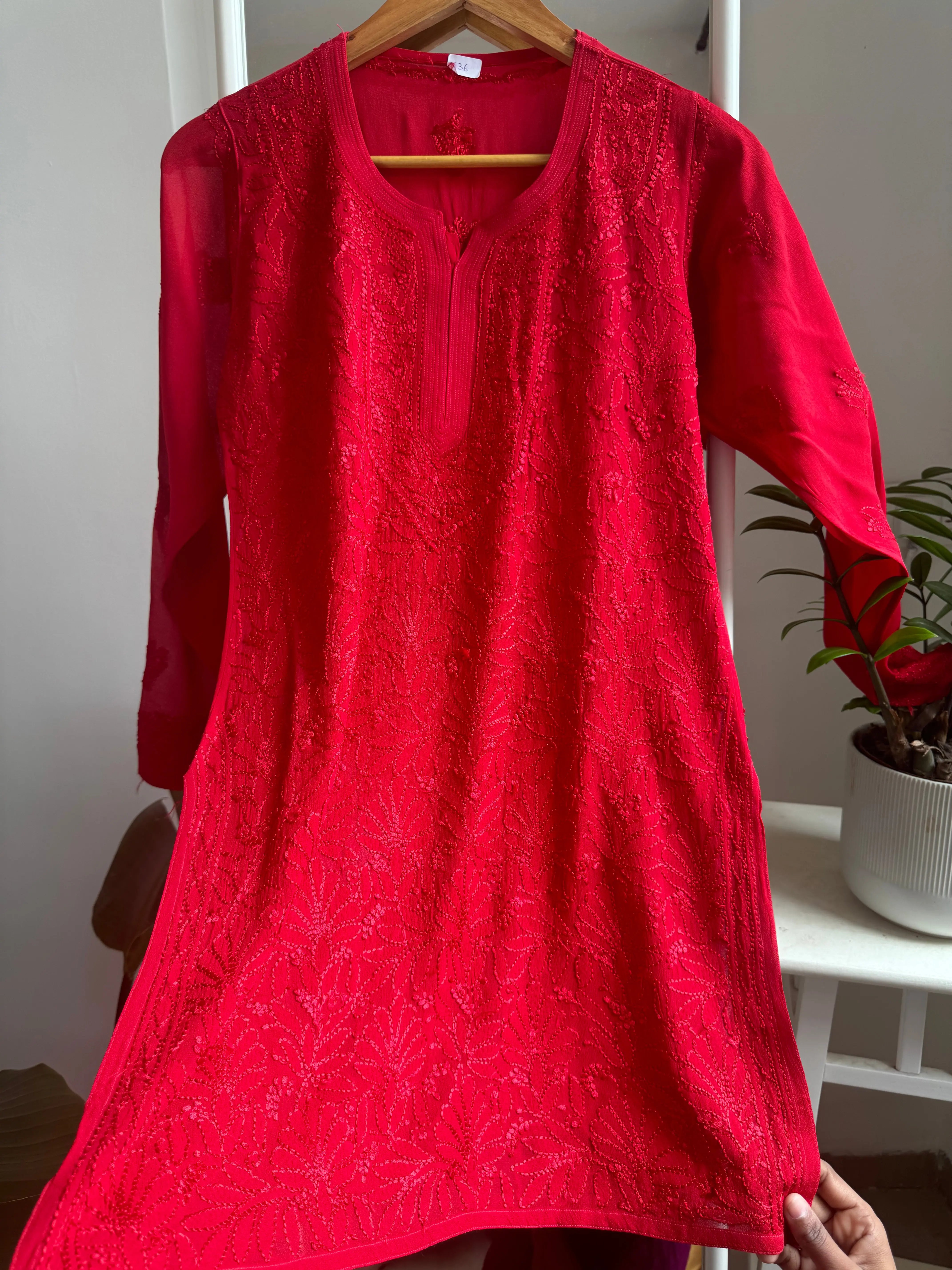 Chikankari Viscose Georgette short Top in Red ARIAA CHIKANKARI 