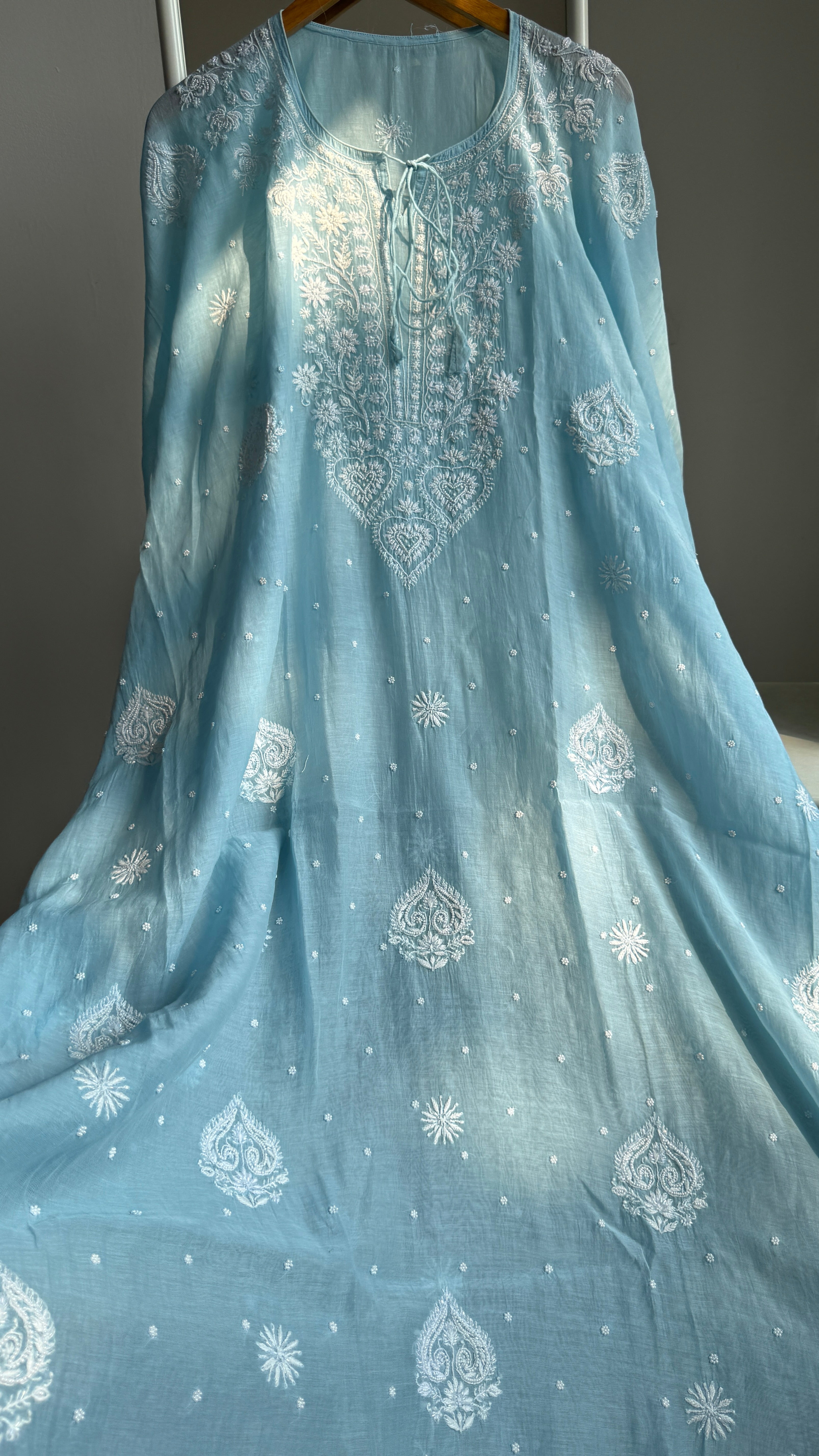 Mul Chanderi Chikankari Kaftan - Blue