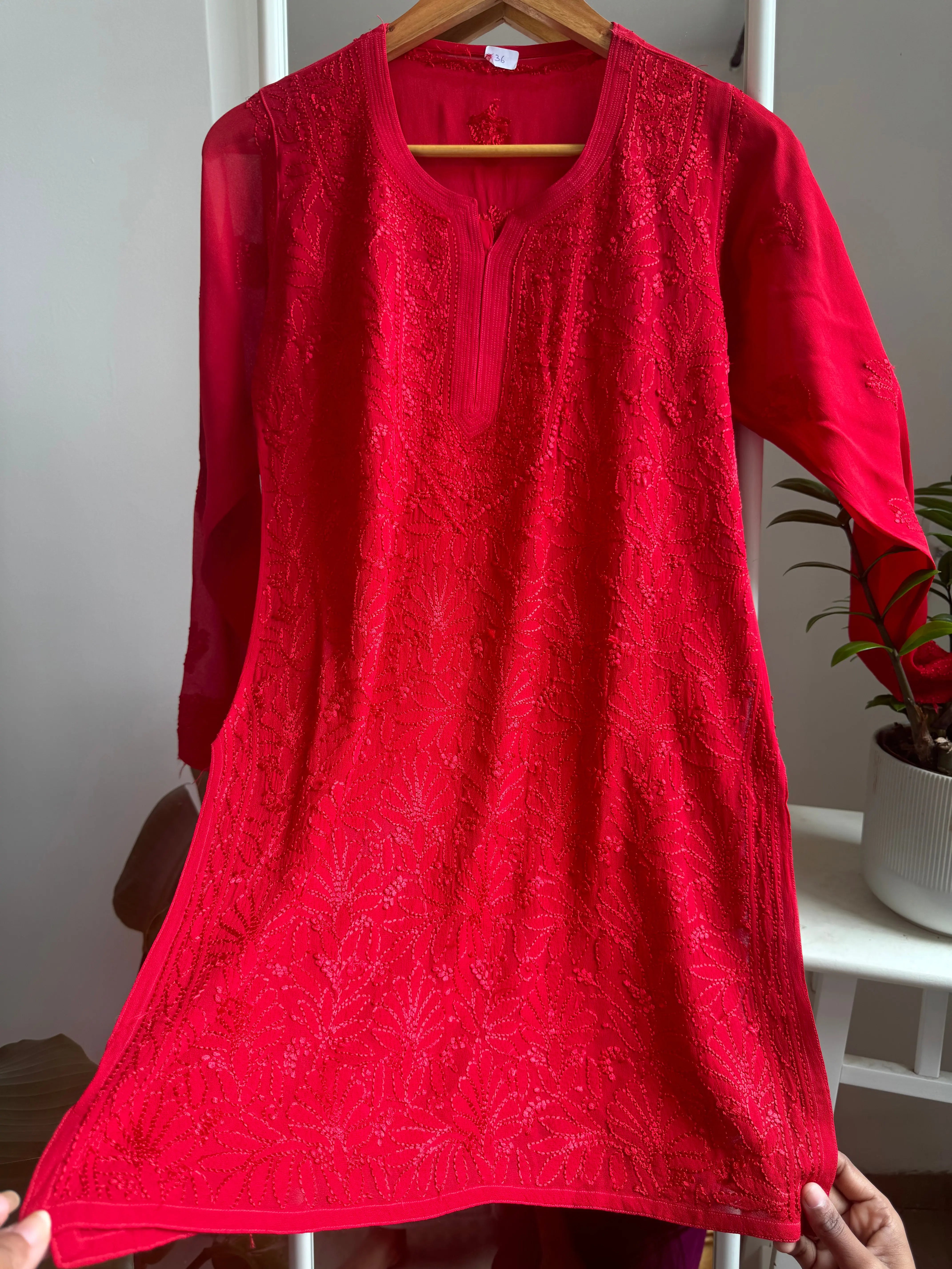 Chikankari Viscose Georgette short Top in Red ARIAA CHIKANKARI 