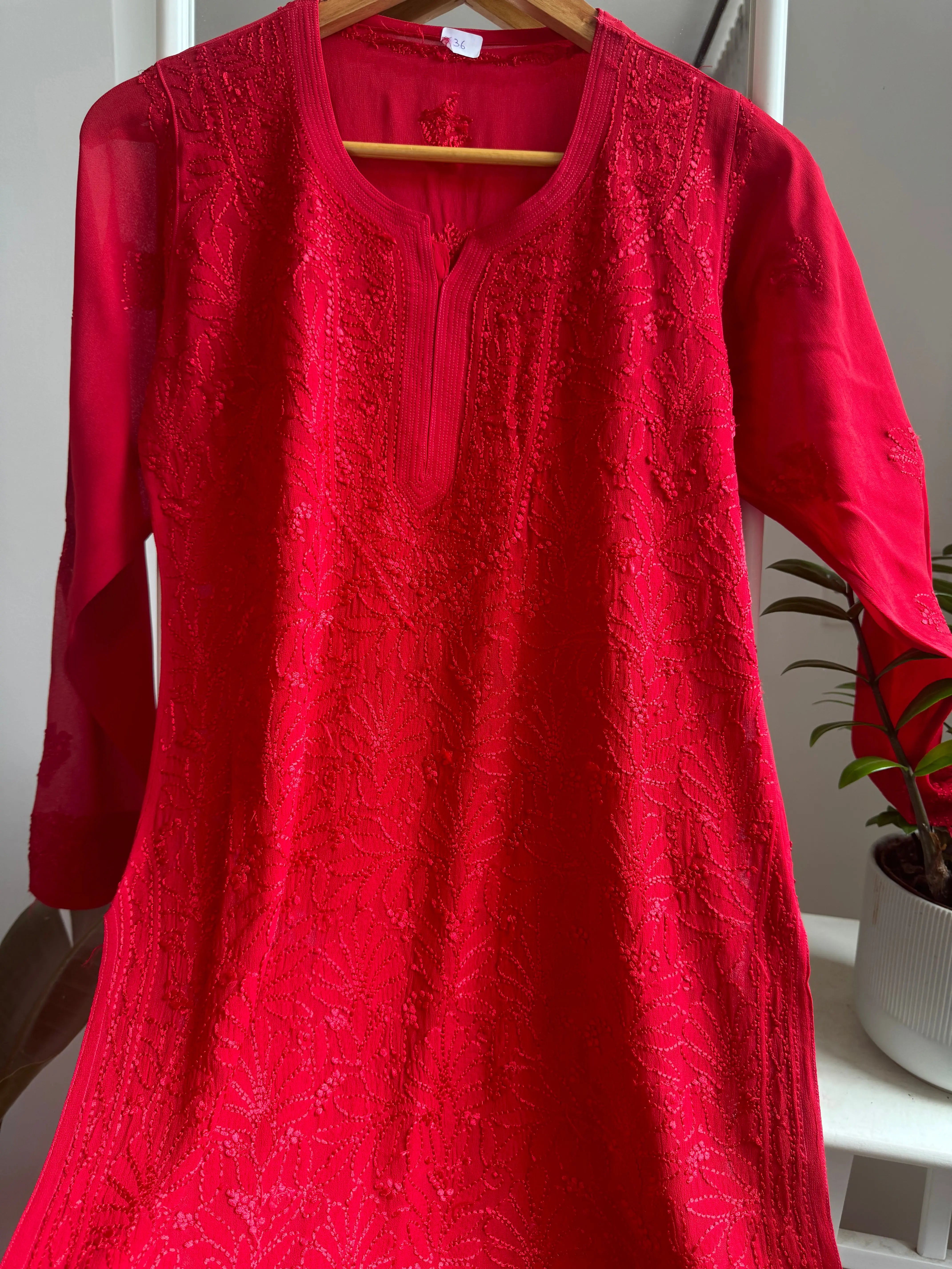 Chikankari Viscose Georgette short Top in Red ARIAA CHIKANKARI 