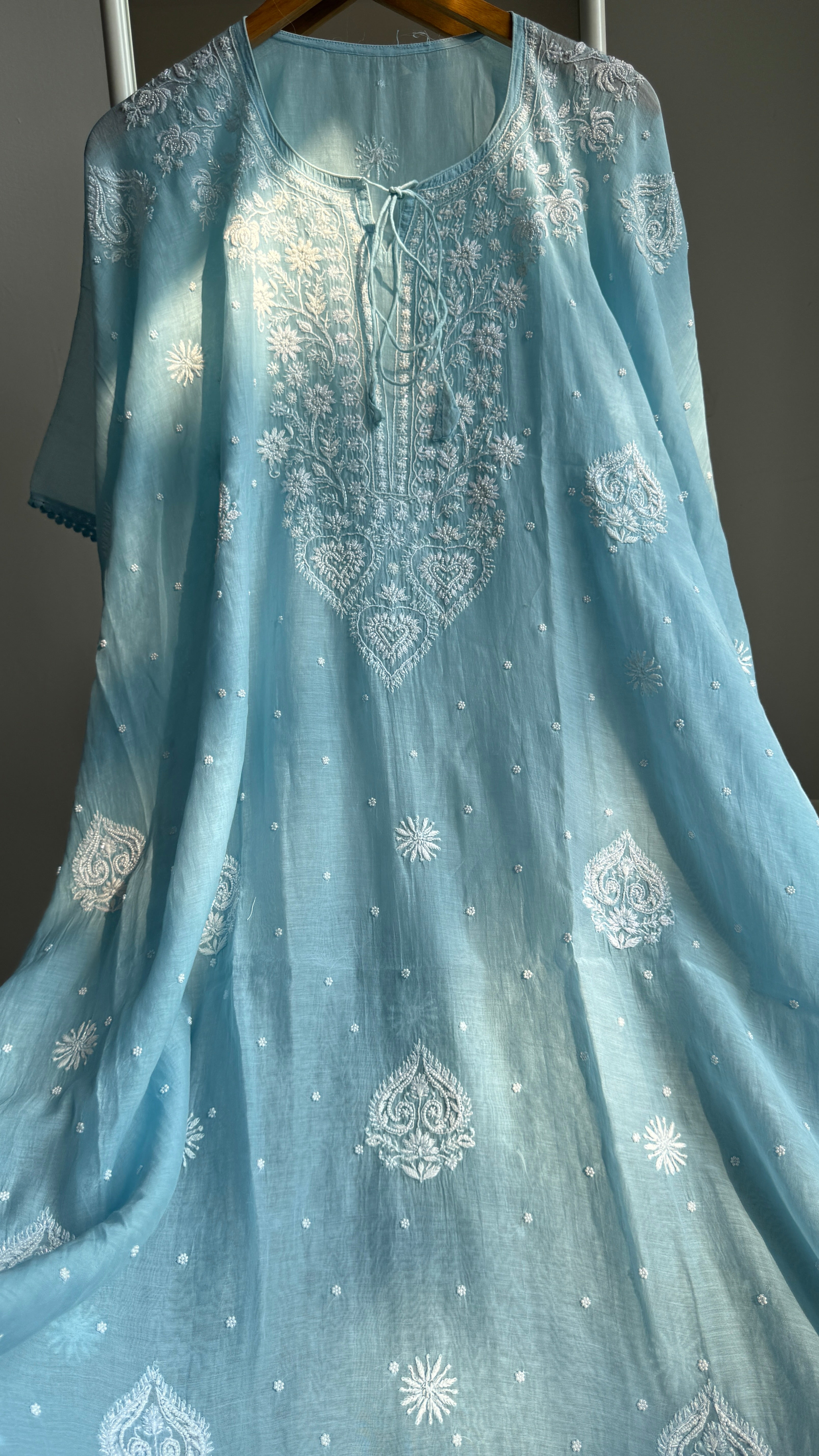 Mul Chanderi Chikankari Kaftan - Blue