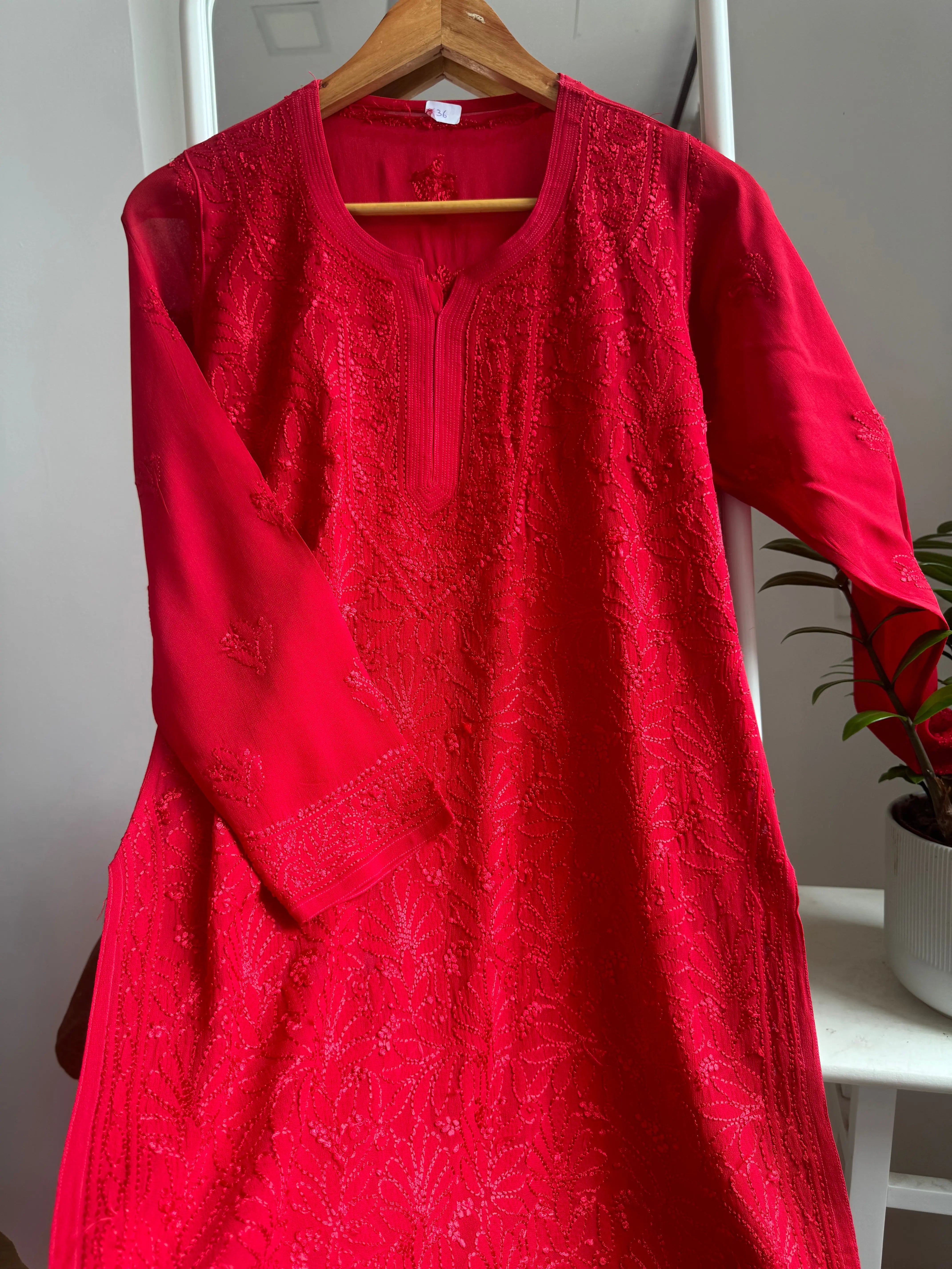 Chikankari Viscose Georgette short Top in Red ARIAA CHIKANKARI 