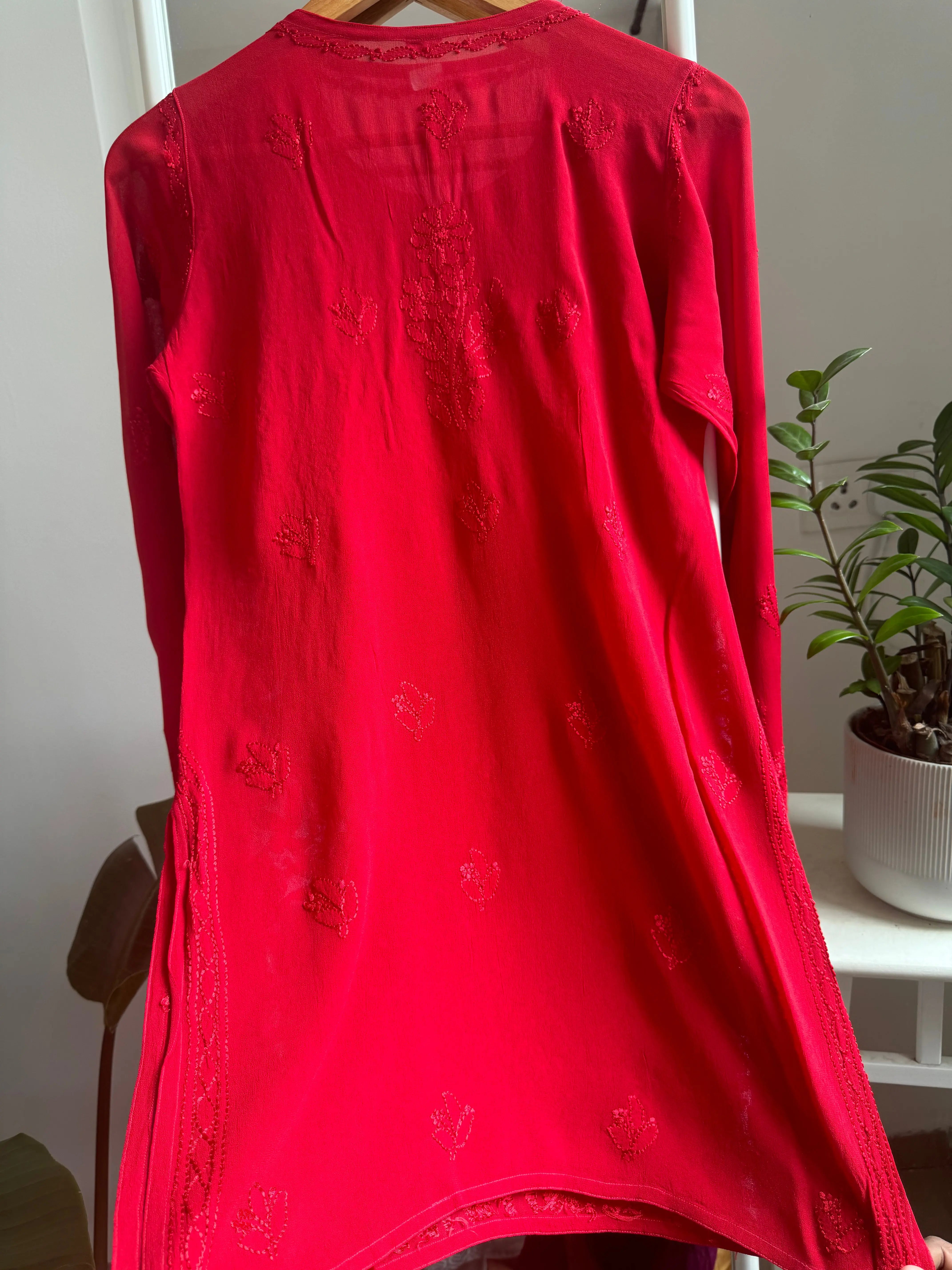 Chikankari Viscose Georgette short Top in Red ARIAA CHIKANKARI 