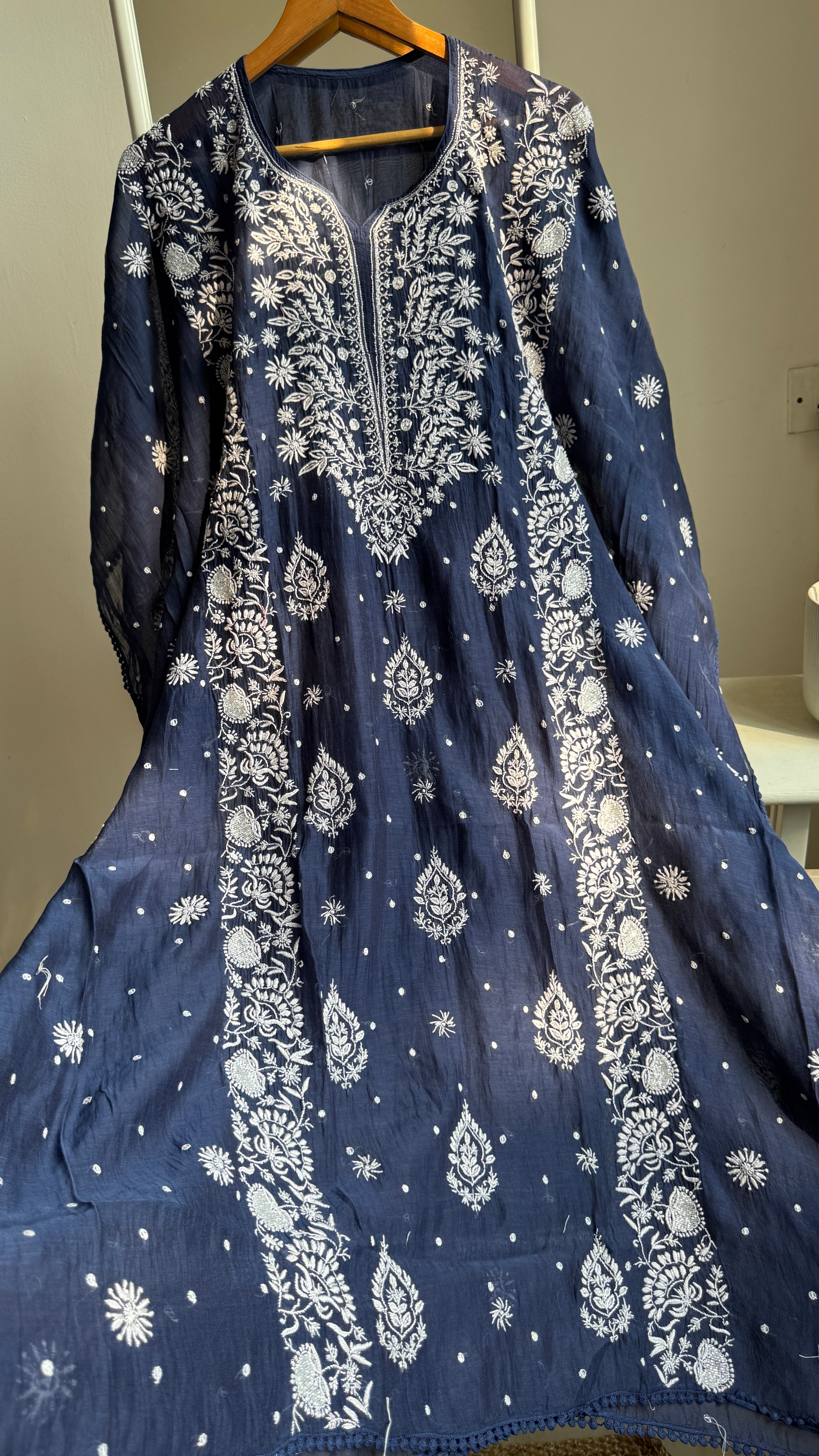 Mul Chanderi Chikankari Kaftan - Navy Blue