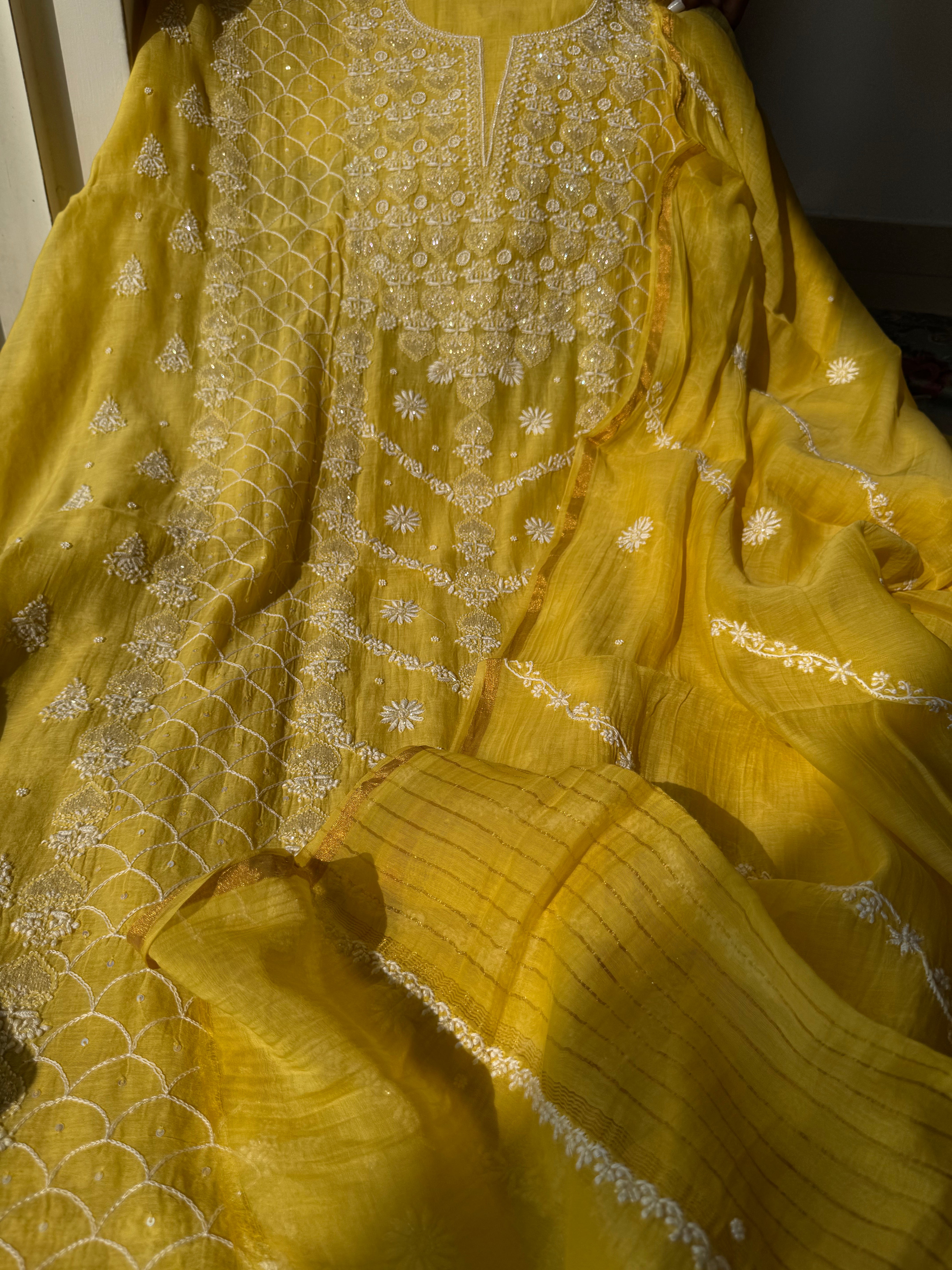Mul Chanderi Chikankari - Heavy Unstitched Set -Yellow ARIAA CHIKANKARI 