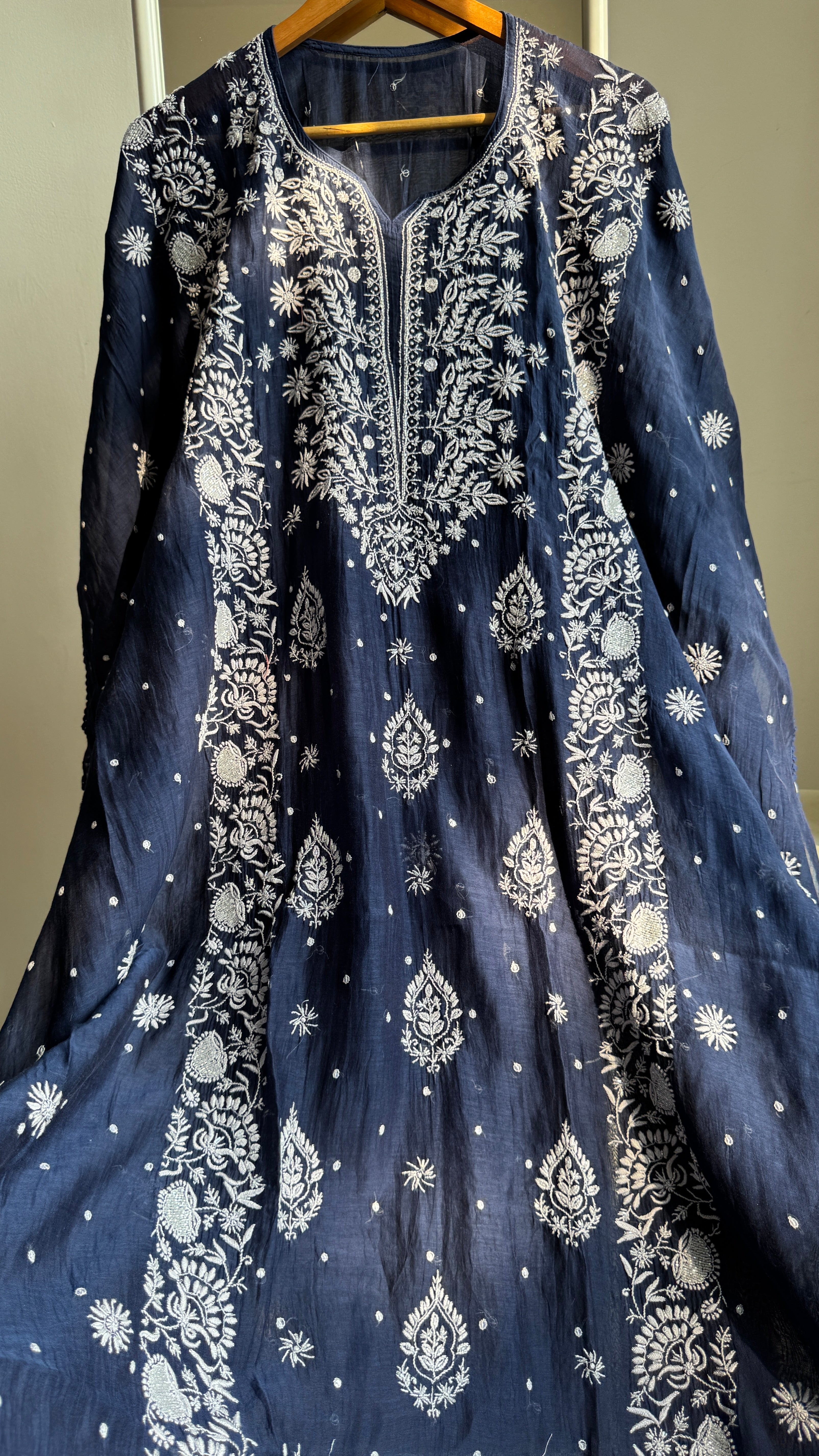 Mul Chanderi Chikankari Kaftan - Navy Blue