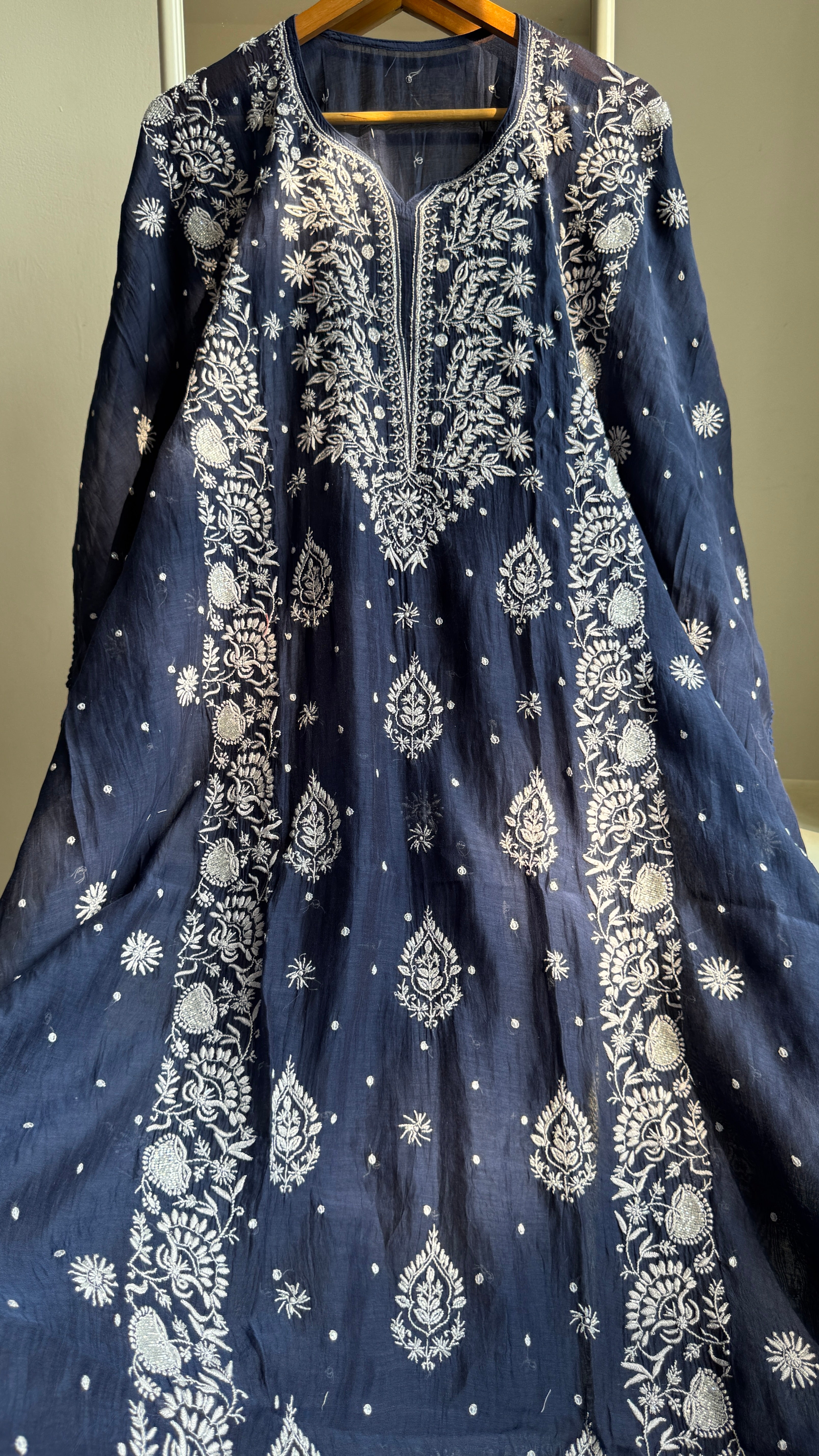Mul Chanderi Chikankari Kaftan - Navy Blue