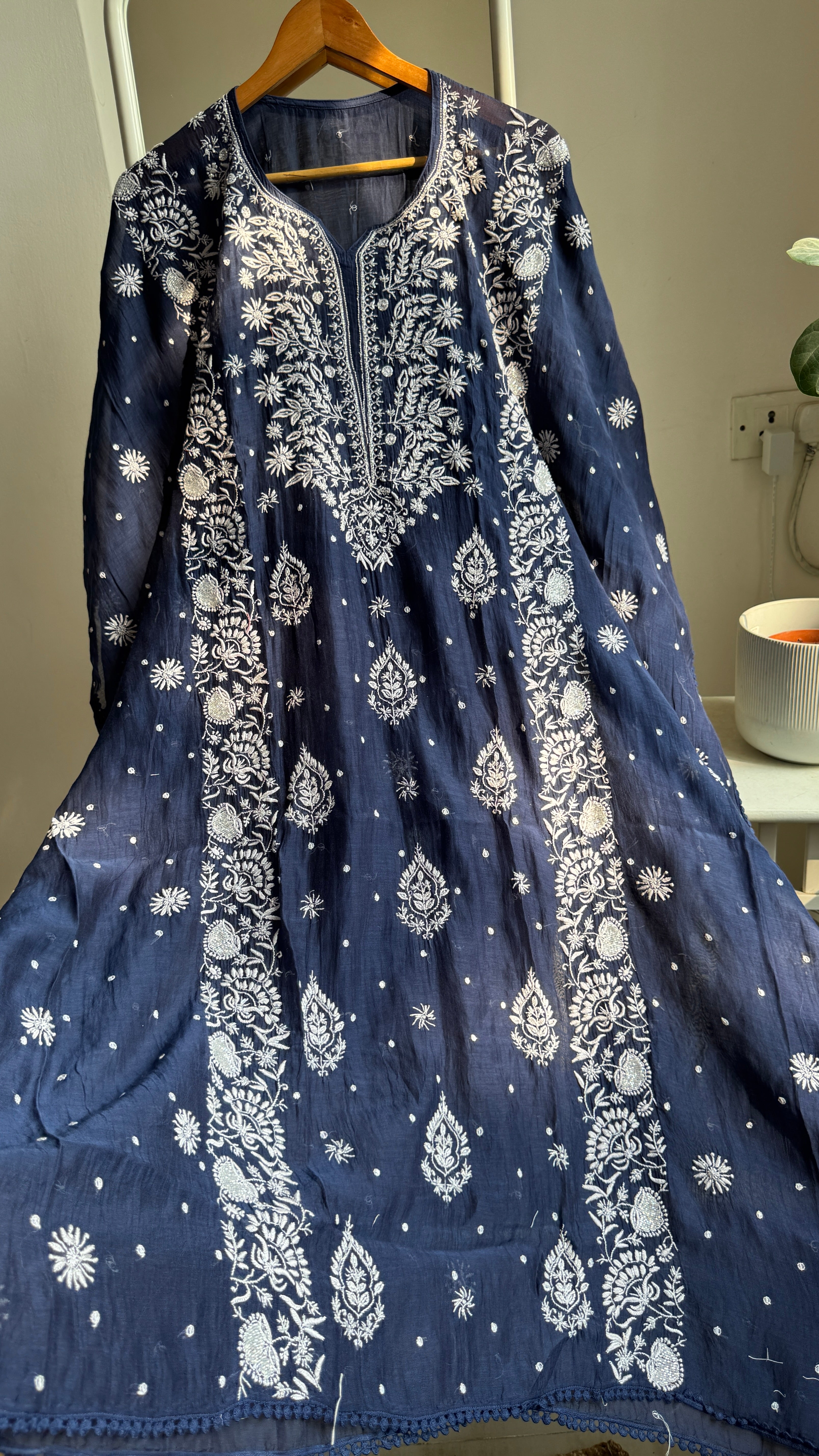 Mul Chanderi Chikankari Kaftan - Navy Blue