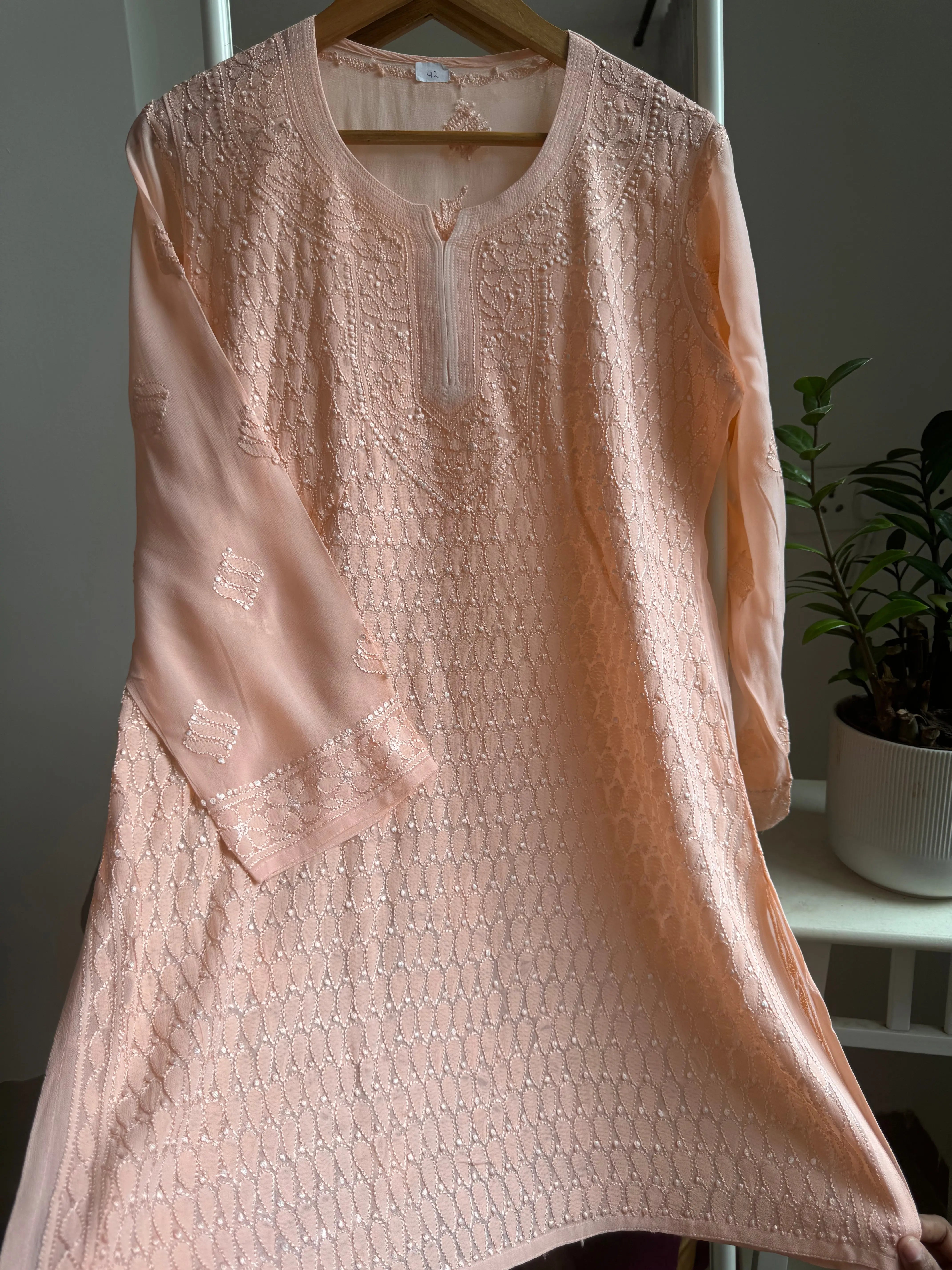 Chikankari Viscose Georgette short Top in Peach ARIAA CHIKANKARI 