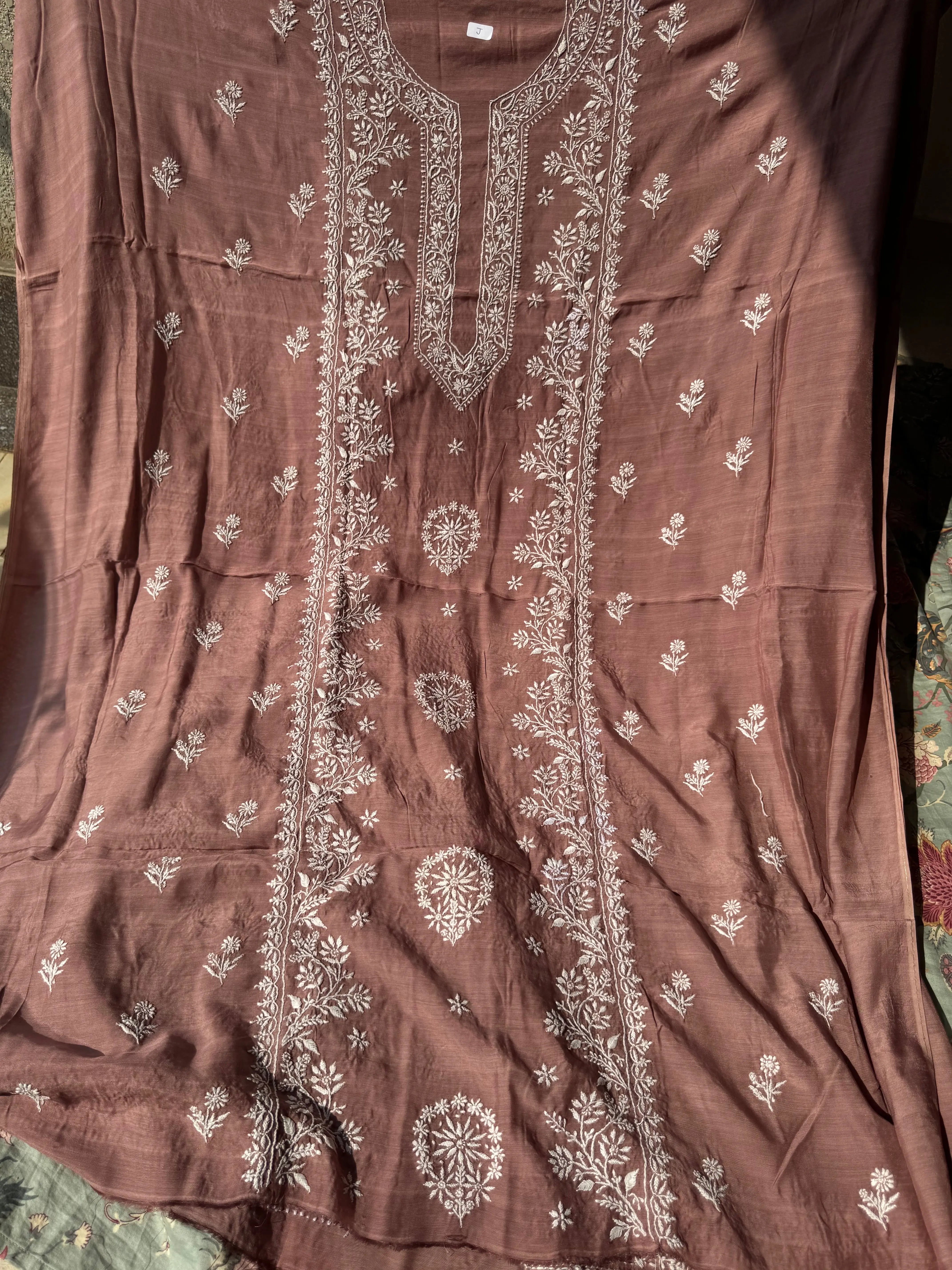 Pure Muslin kurti Length unstitched - Brown Mauve ARIAA CHIKANKARI 