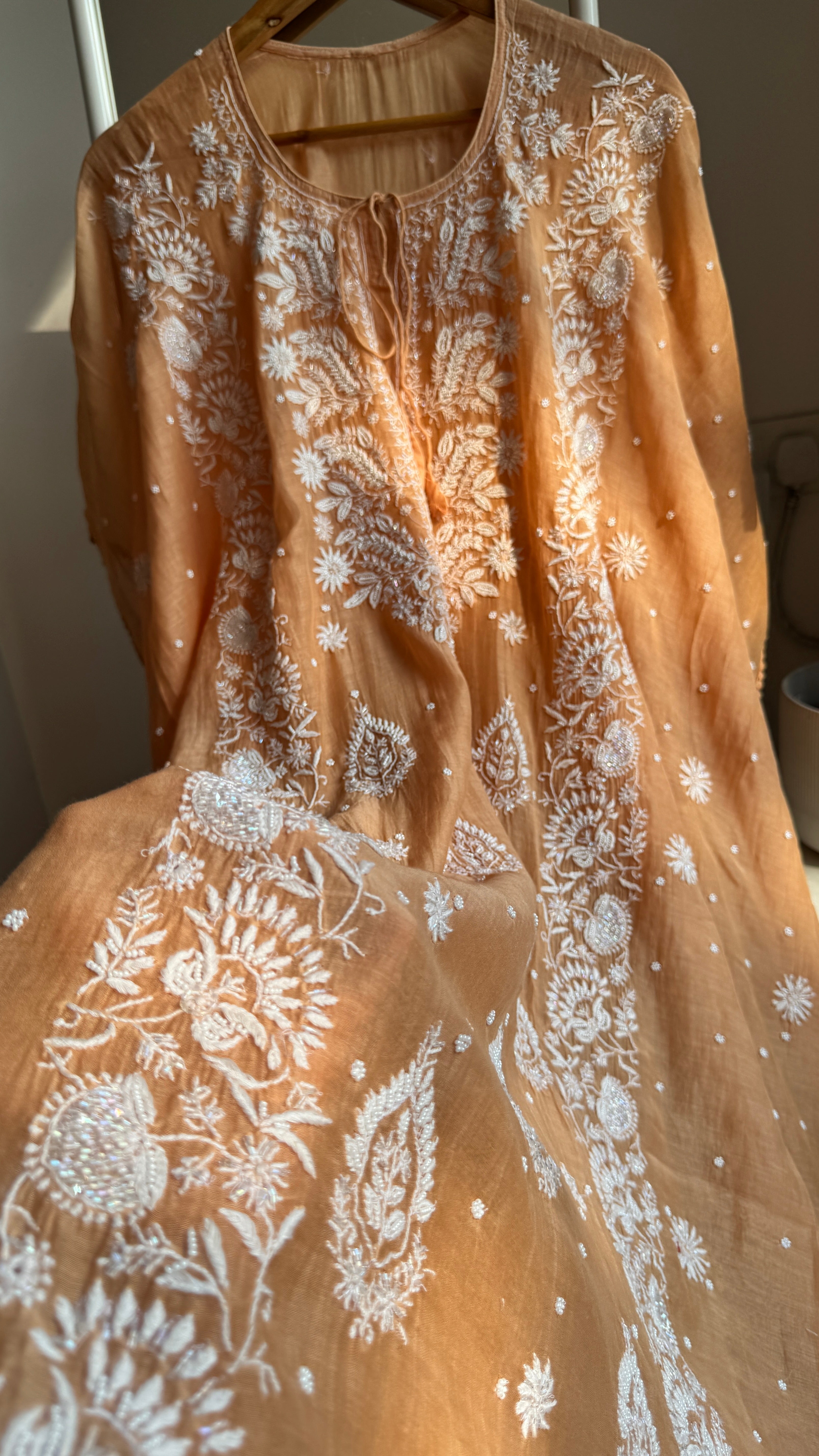 Mul Chanderi Chikankari Kaftan - Sunset Orange