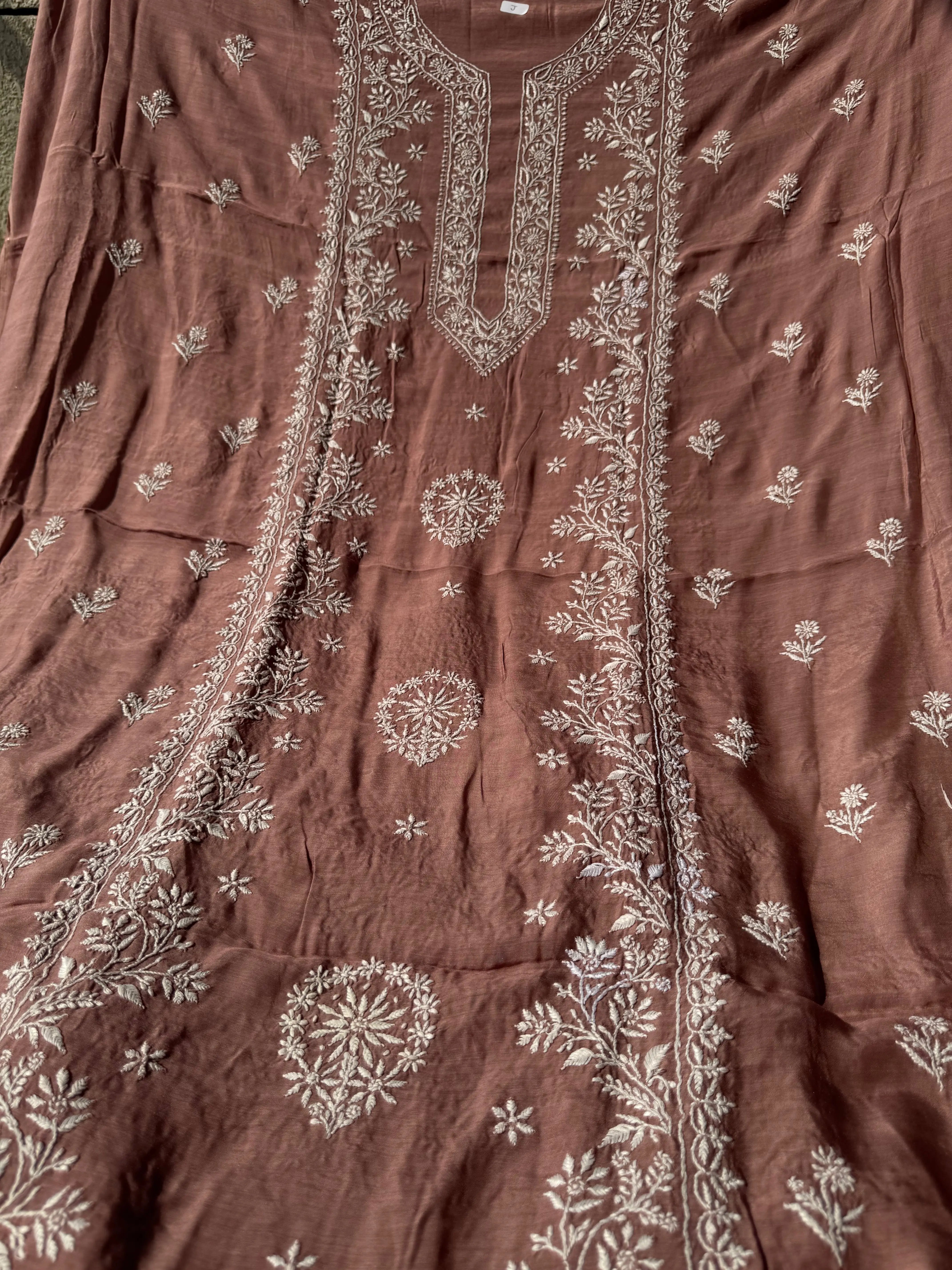 Pure Muslin kurti Length unstitched - Brown Mauve ARIAA CHIKANKARI 