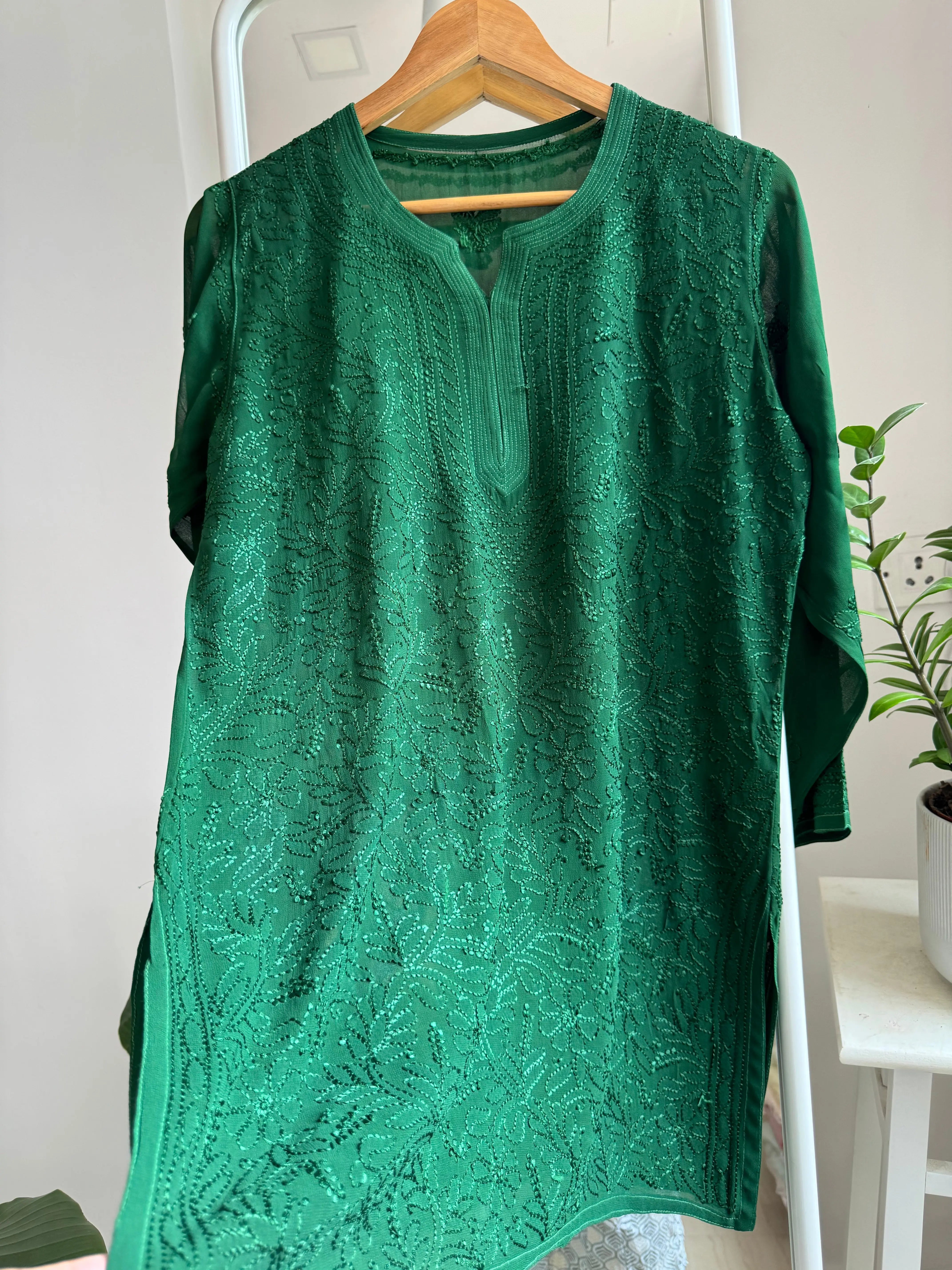 Chikankari Viscose Georgette short Top in Green ARIAA CHIKANKARI 