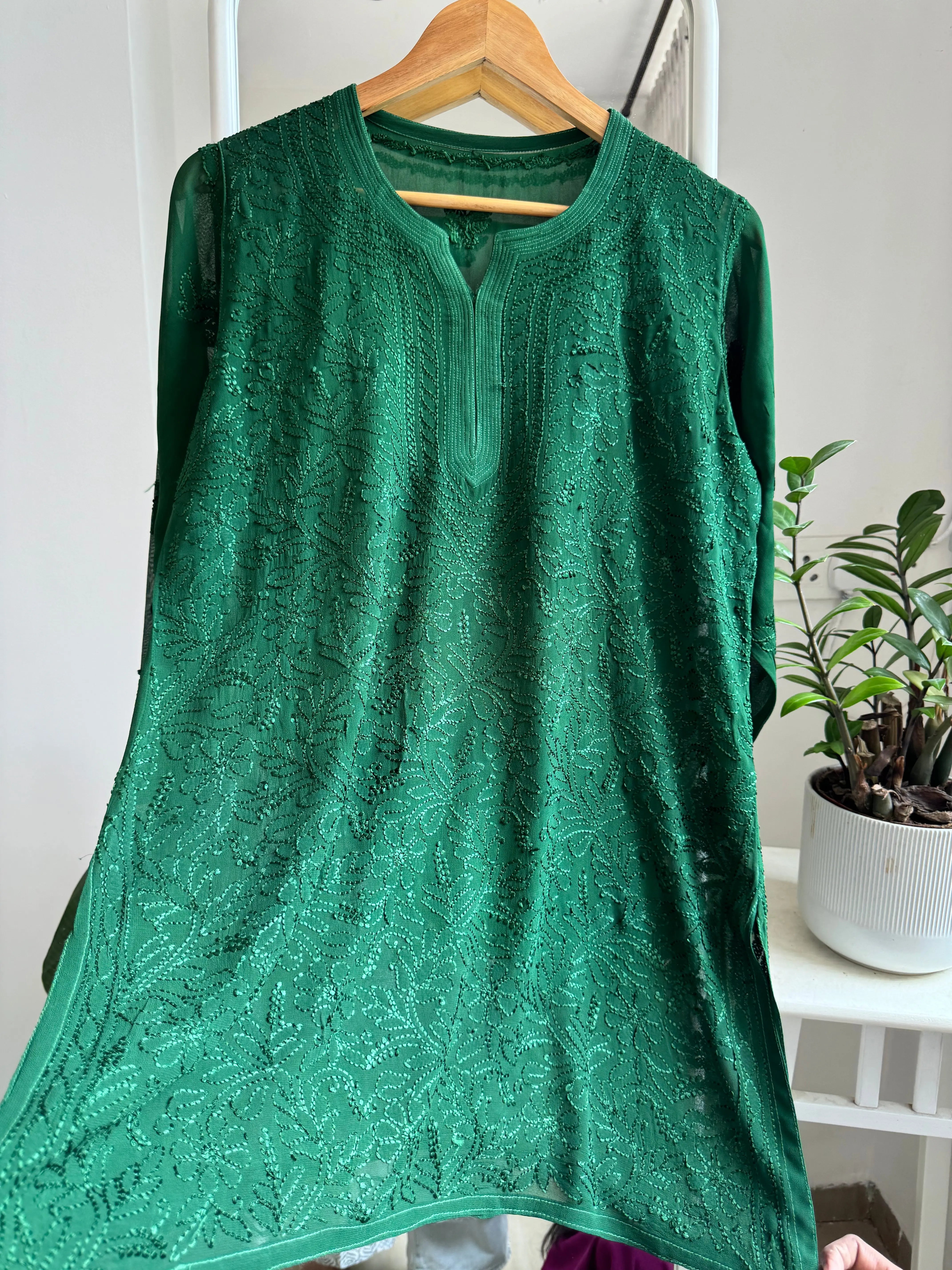 Chikankari Viscose Georgette short Top in Green ARIAA CHIKANKARI 