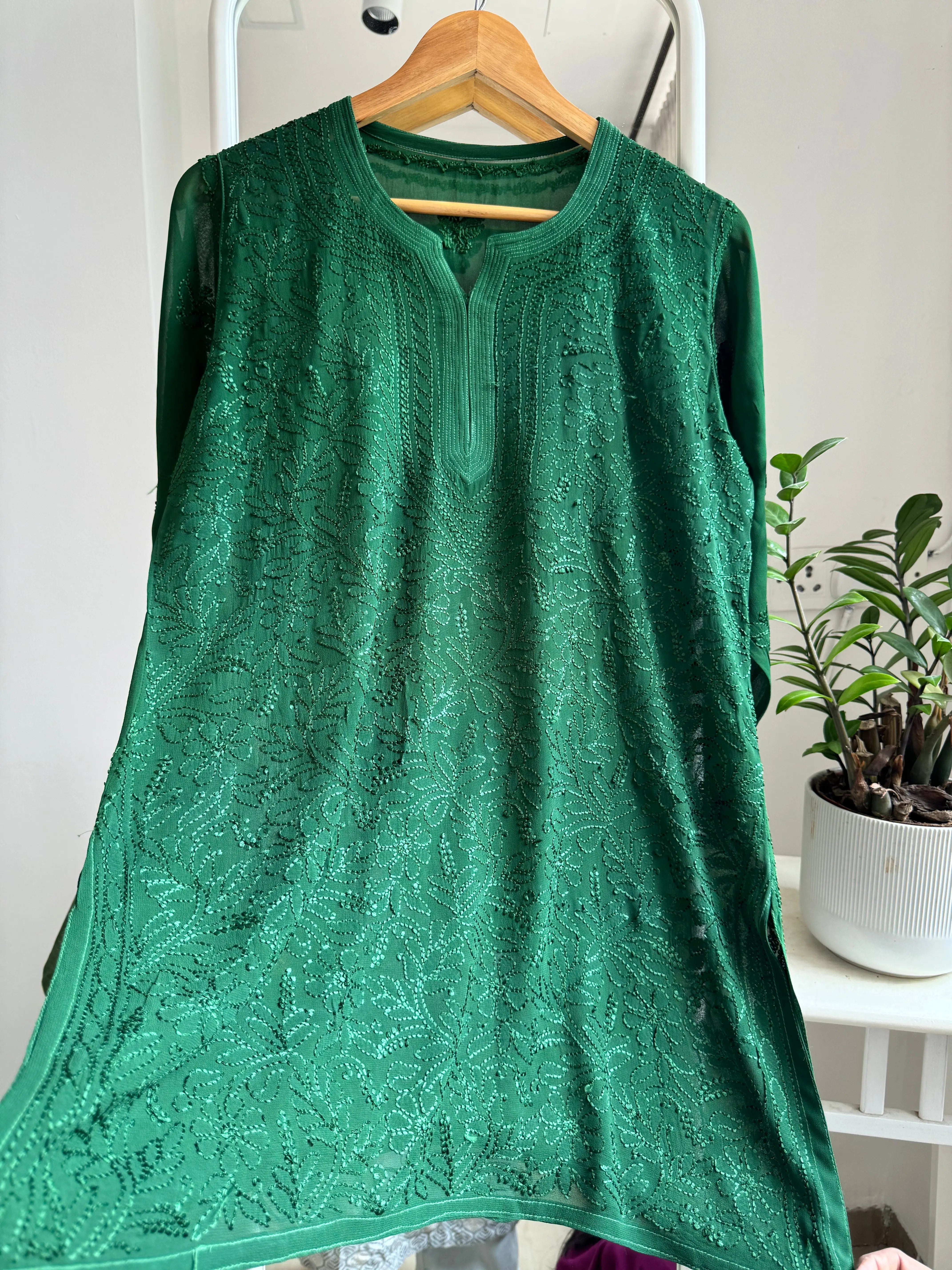 Chikankari Viscose Georgette short Top in Green ARIAA CHIKANKARI 