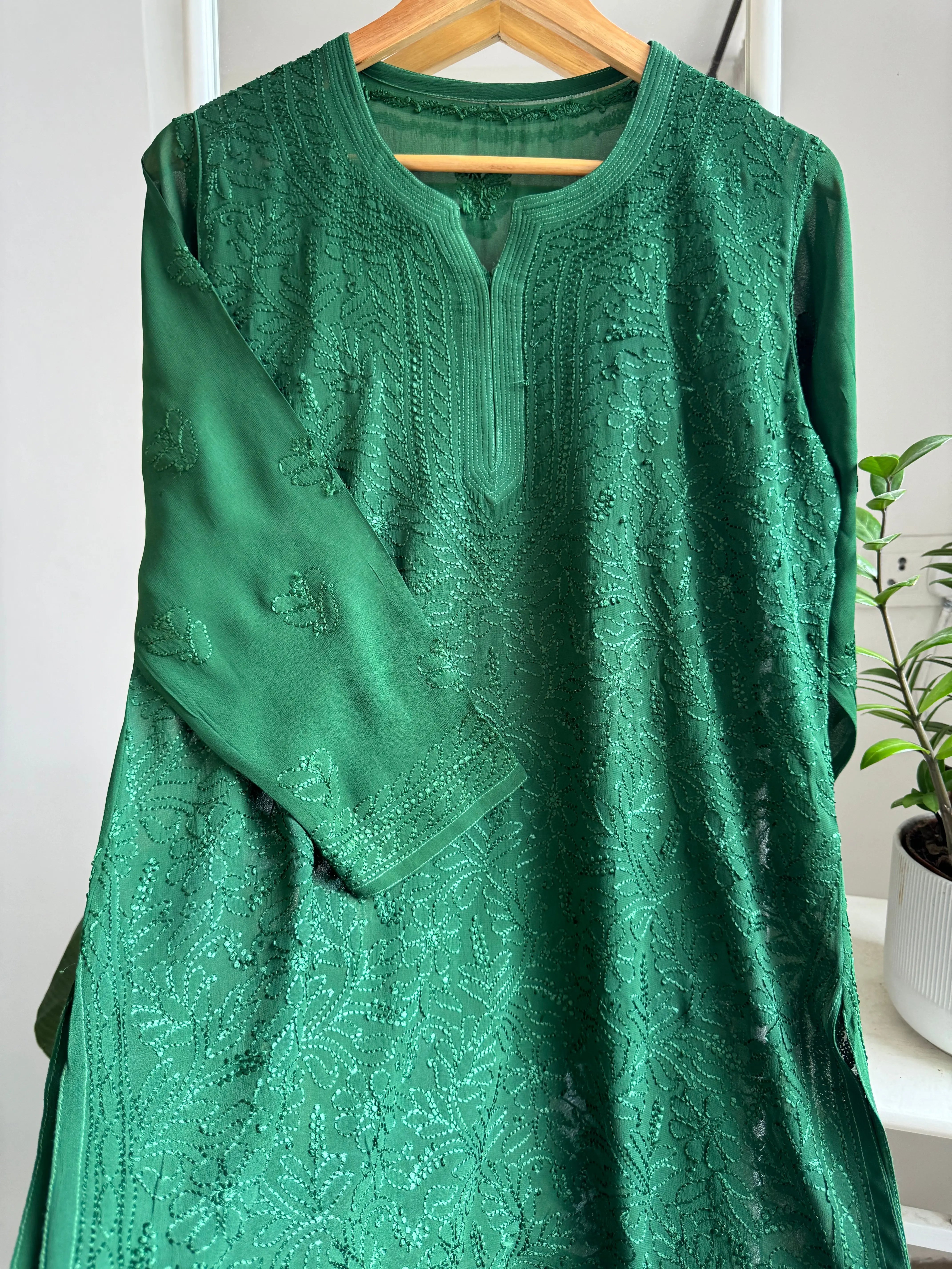 Chikankari Viscose Georgette short Top in Green ARIAA CHIKANKARI 