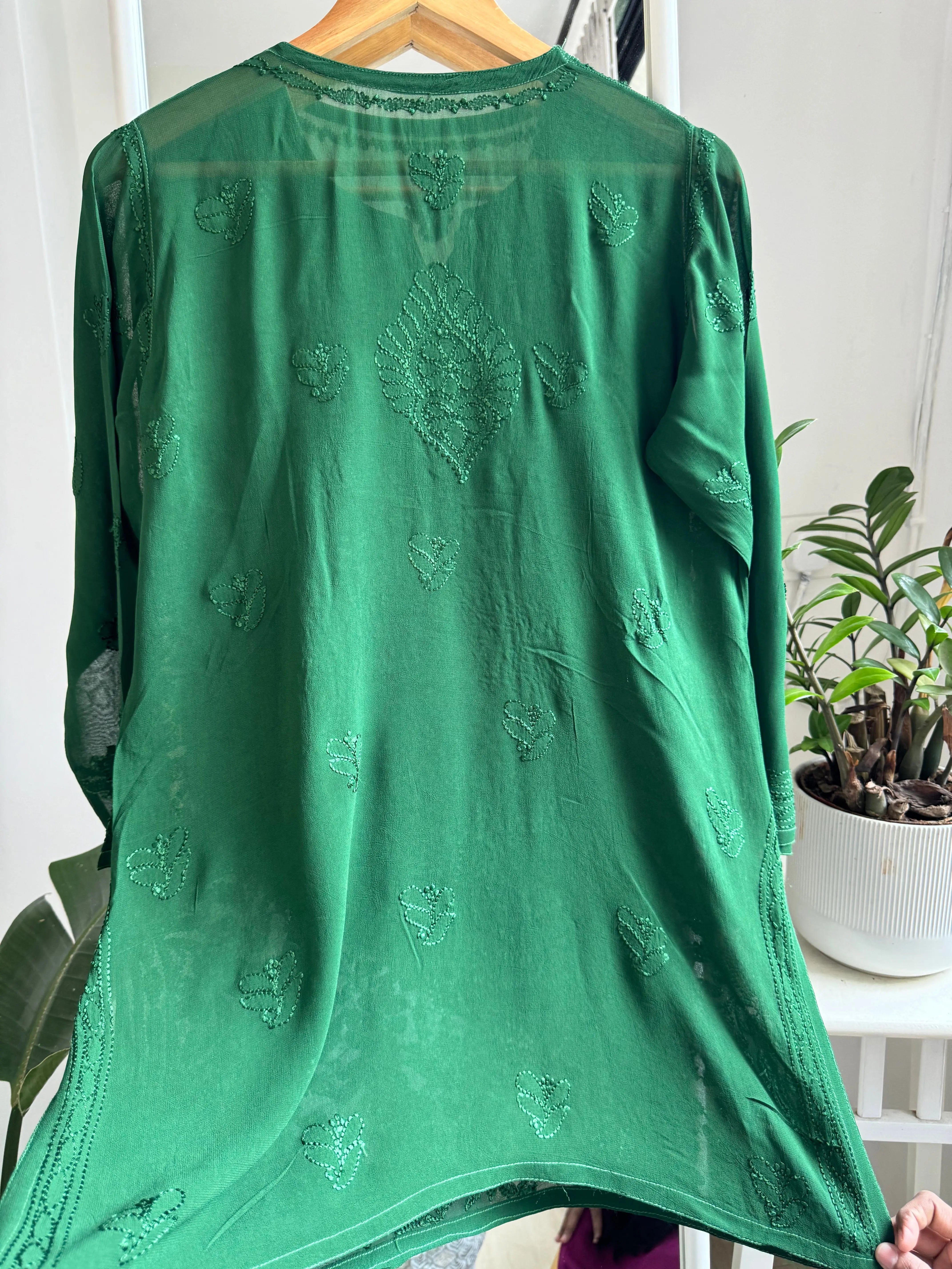 Chikankari Viscose Georgette short Top in Green ARIAA CHIKANKARI 