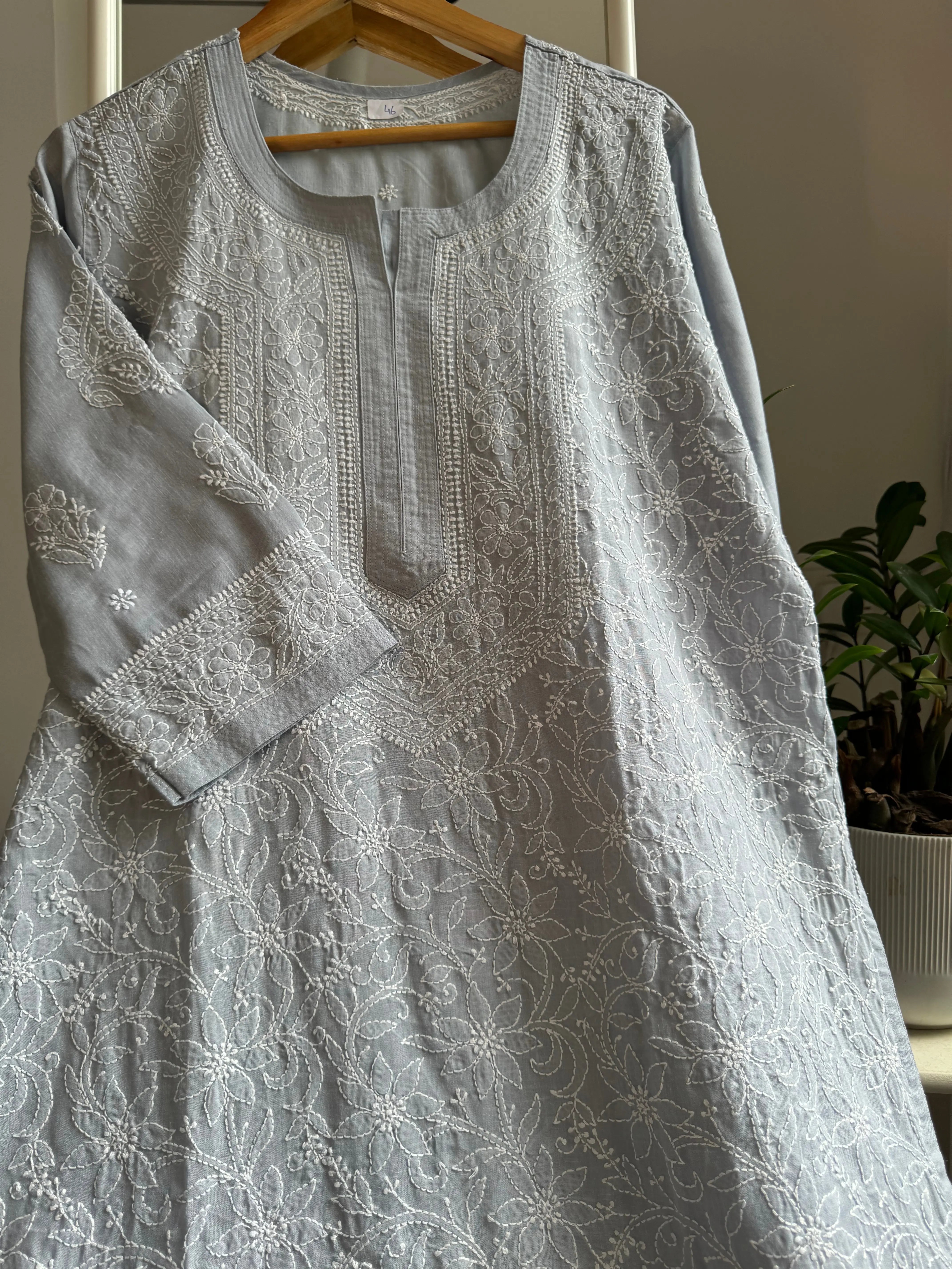 Cotton Chikankari Kurti - Grey -white thread work ARIAA CHIKANKARI 