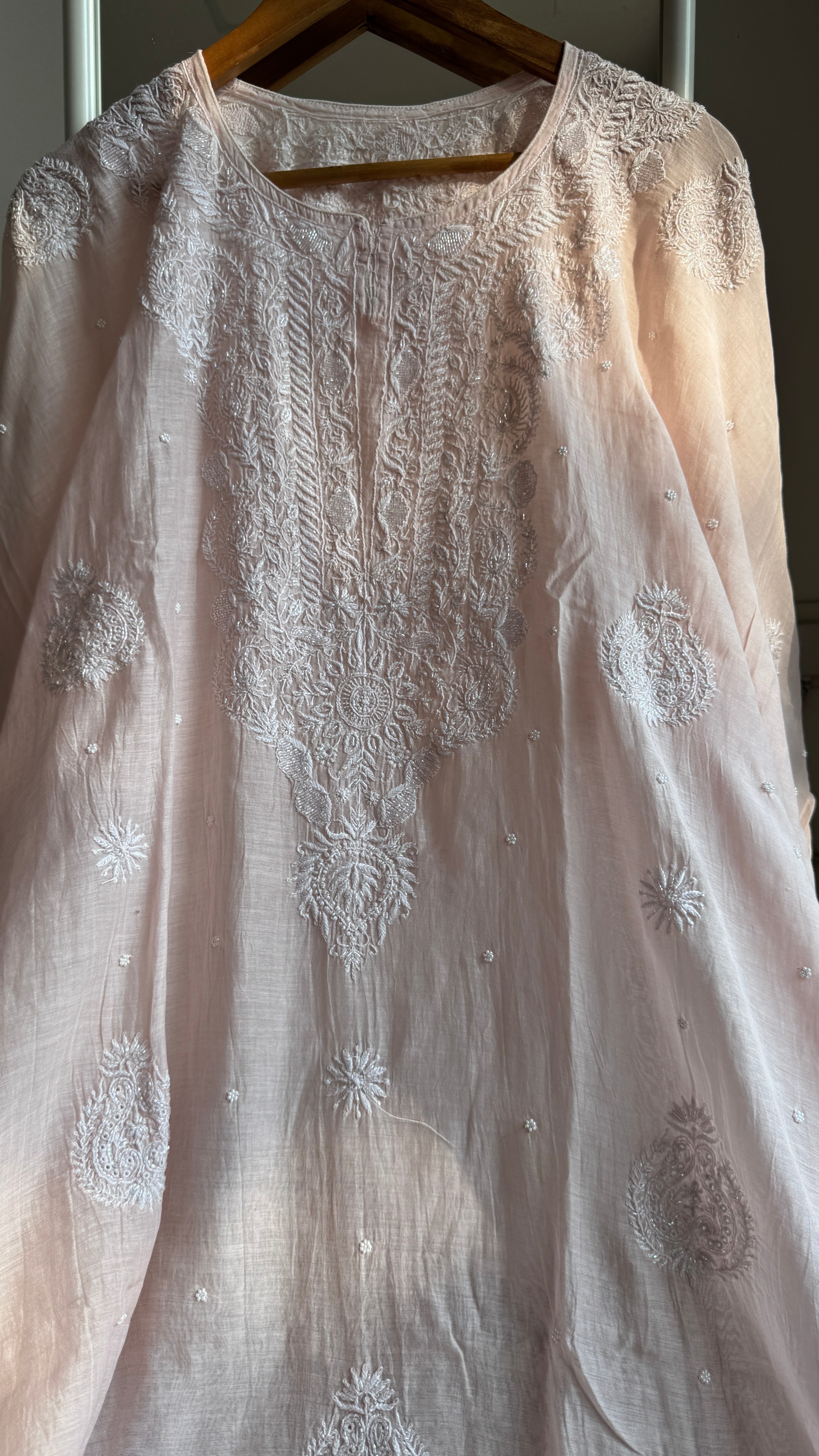 Mul Chanderi Chikankari Kaftan - Pale Pink