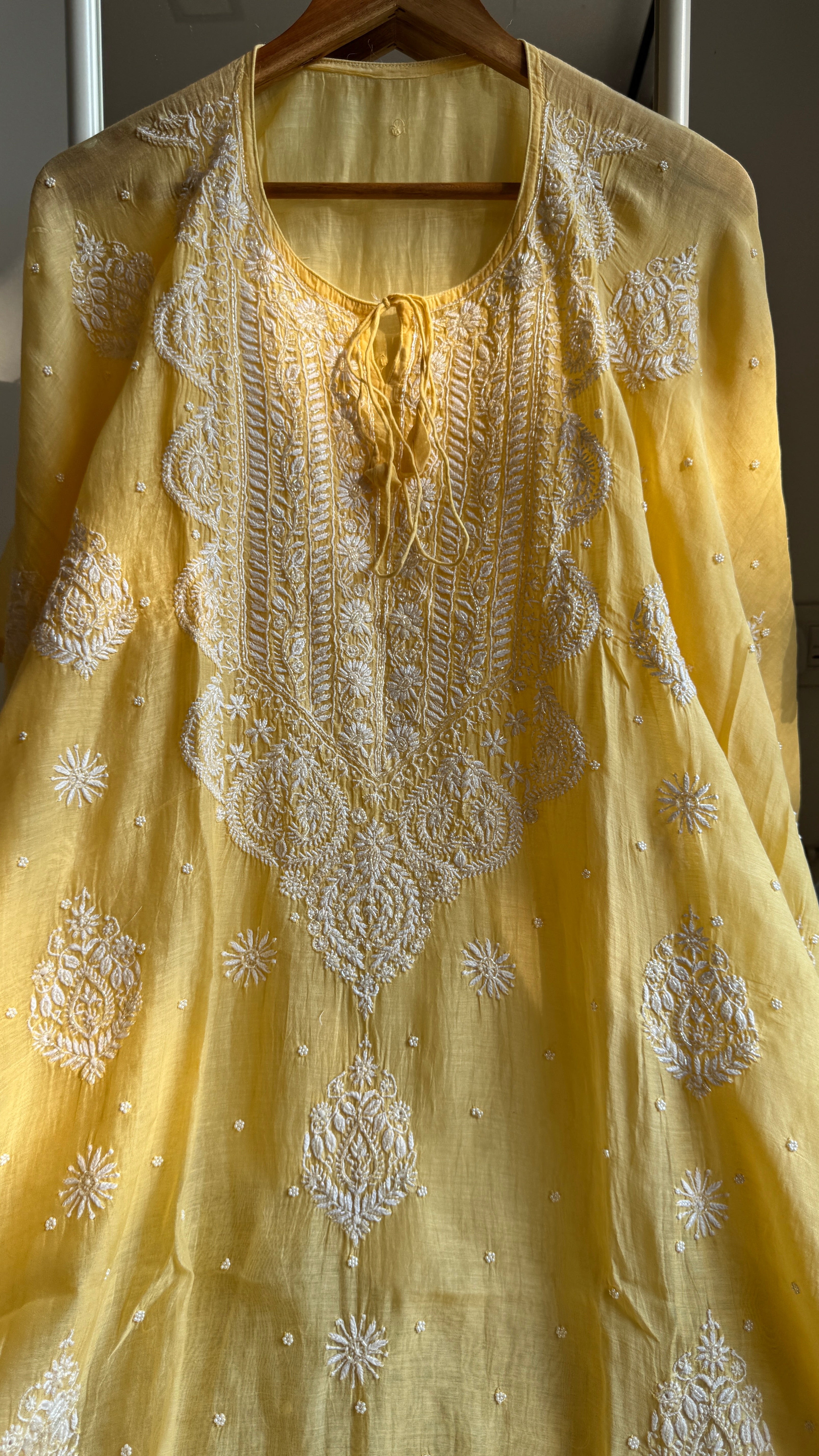 Mul Chanderi Chikankari Kaftan - Yellow