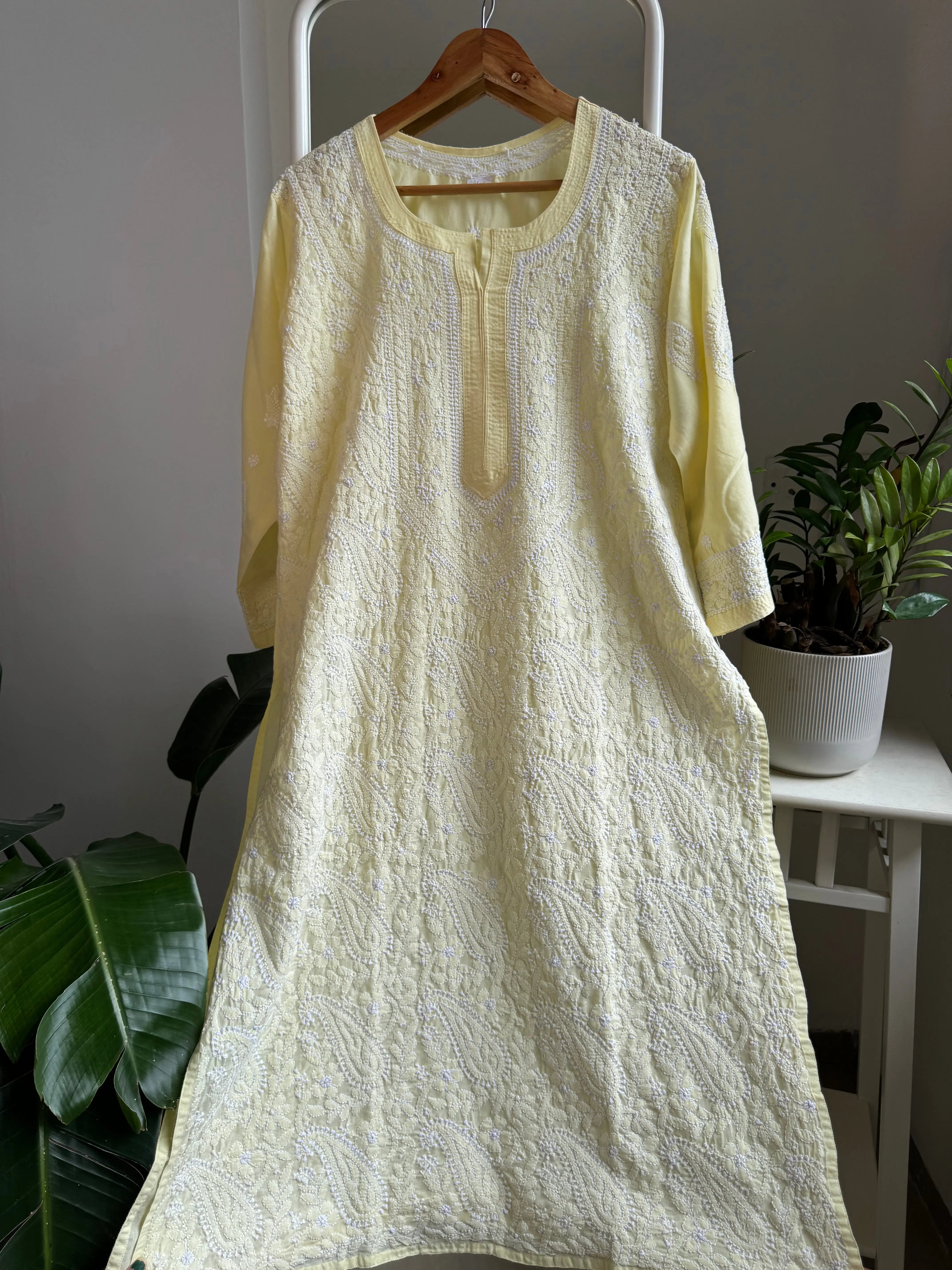 Cotton Chikankari Kurti - Light Yellow -white thread work ARIAA CHIKANKARI 