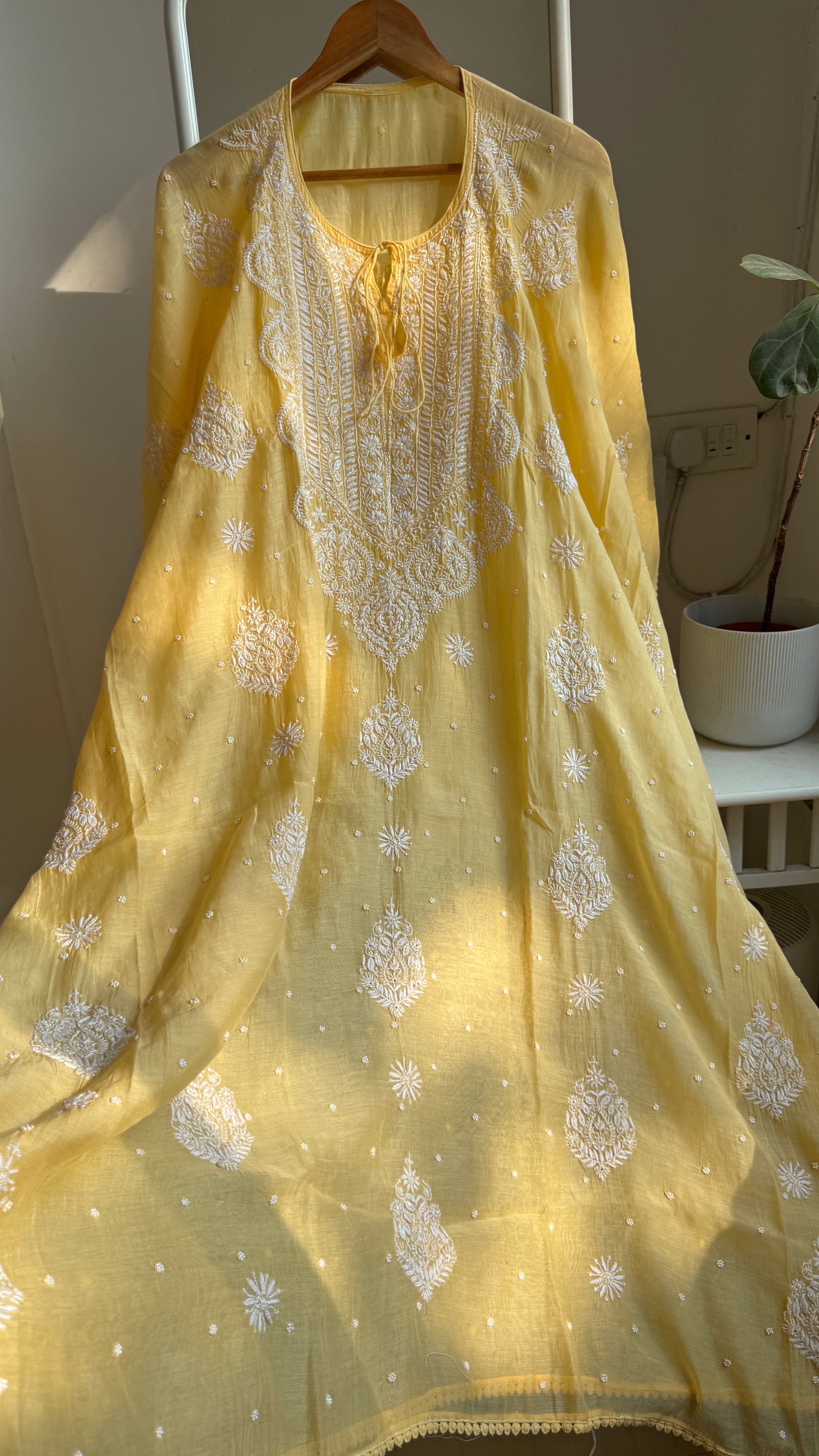 Mul Chanderi Chikankari Kaftan - Yellow