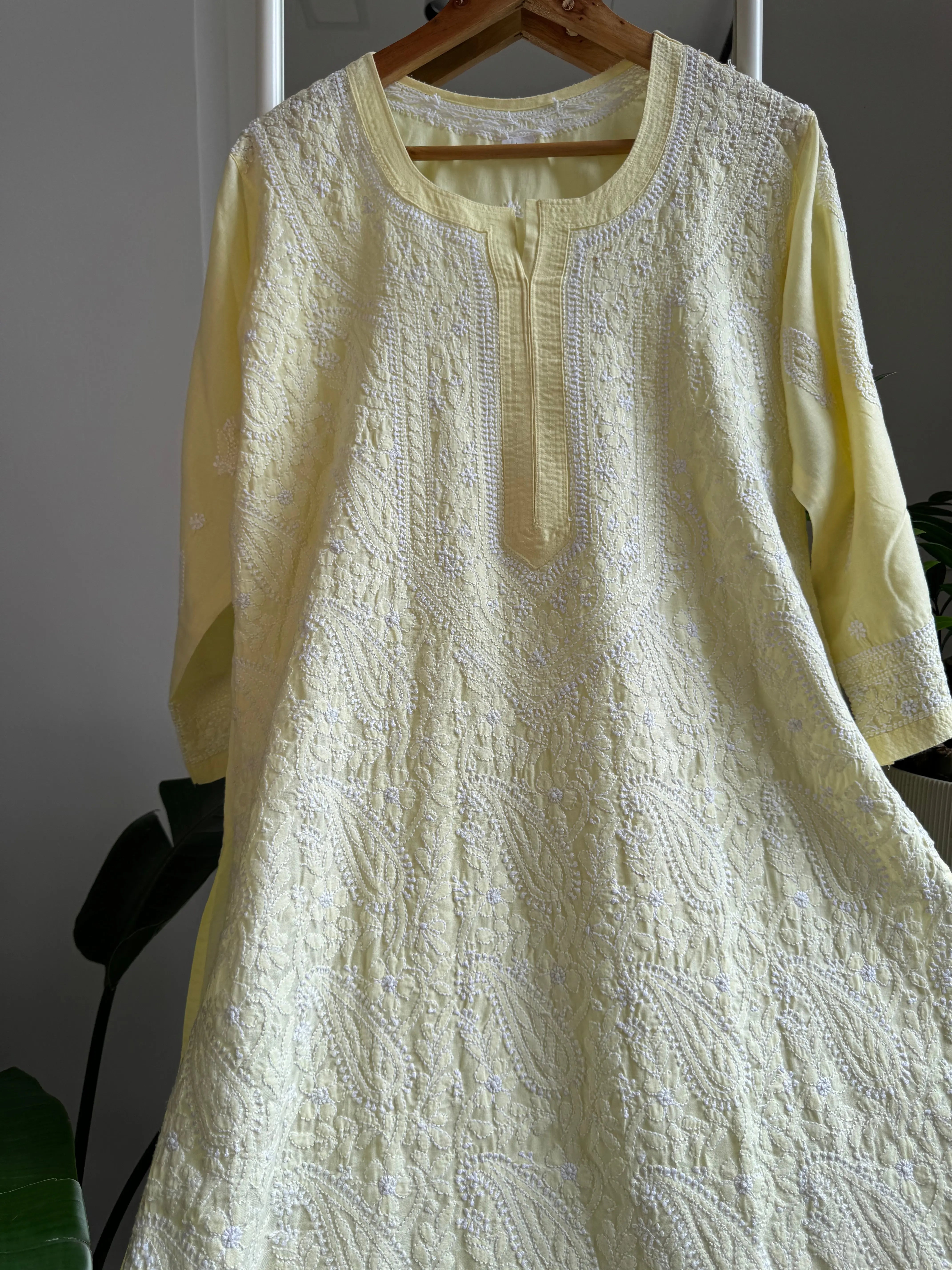 Cotton Chikankari Kurti - Light Yellow -white thread work ARIAA CHIKANKARI 