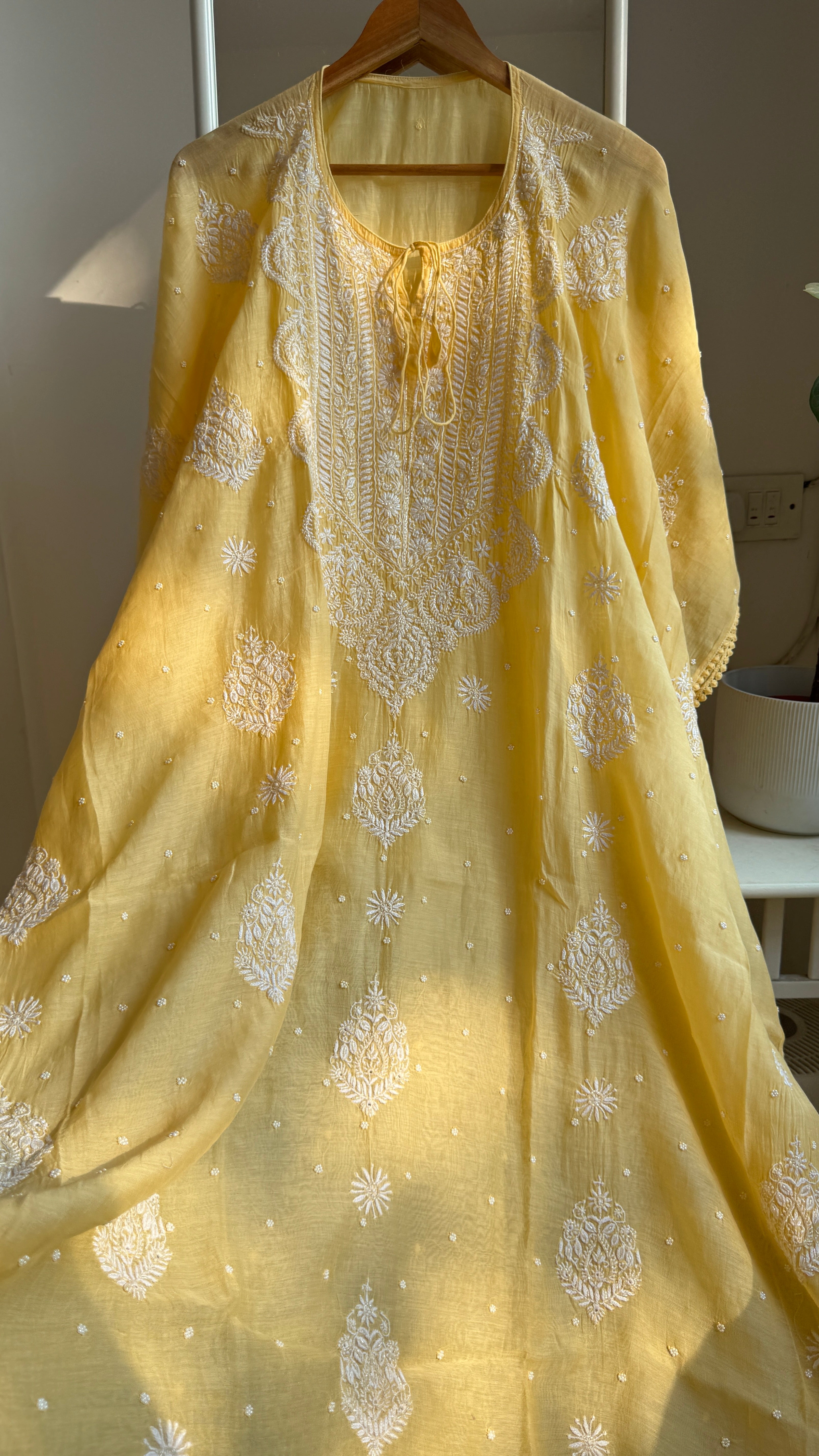 Mul Chanderi Chikankari Kaftan - Yellow