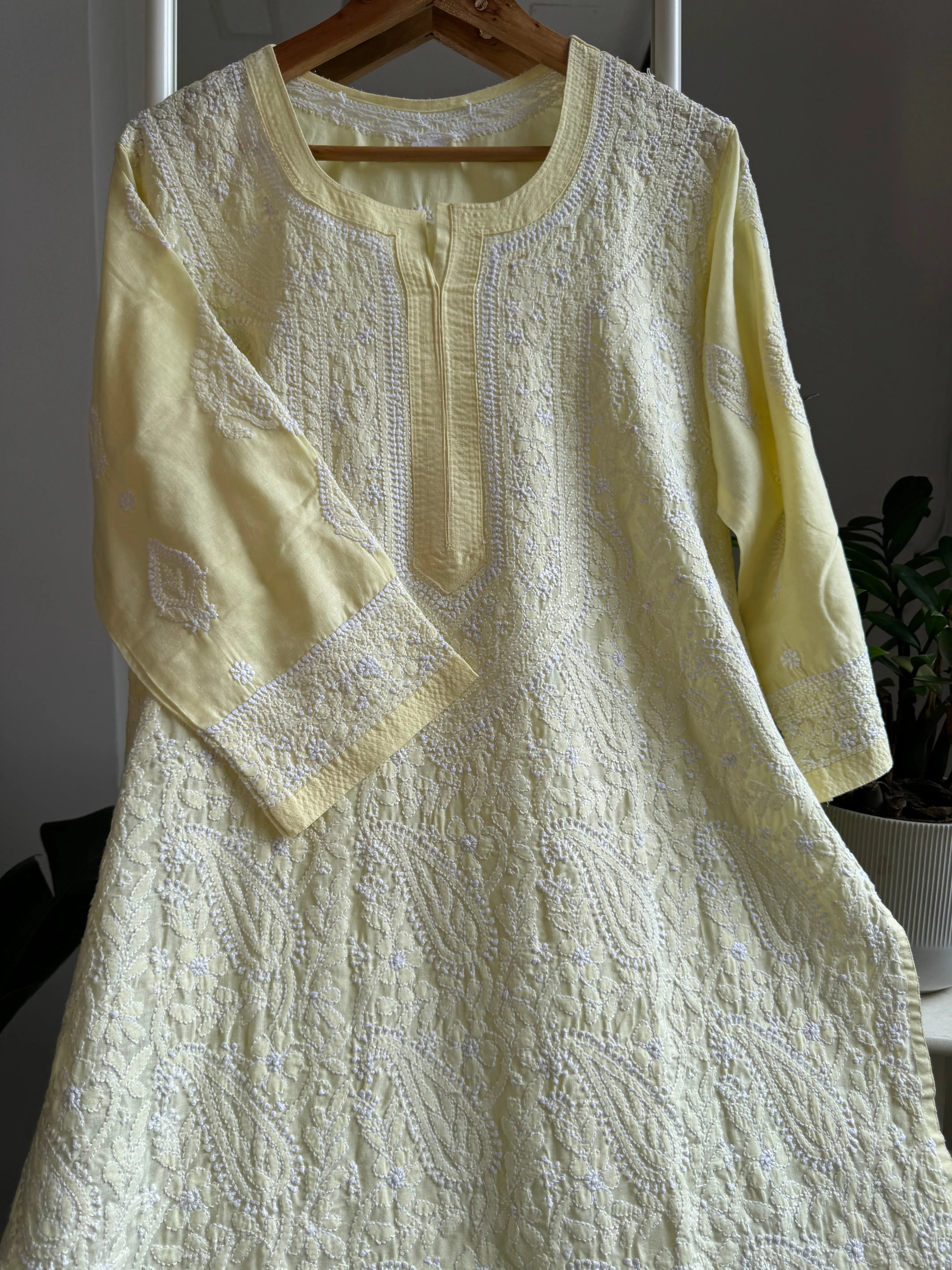 Cotton Chikankari Kurti - Light Yellow -white thread work ARIAA CHIKANKARI 