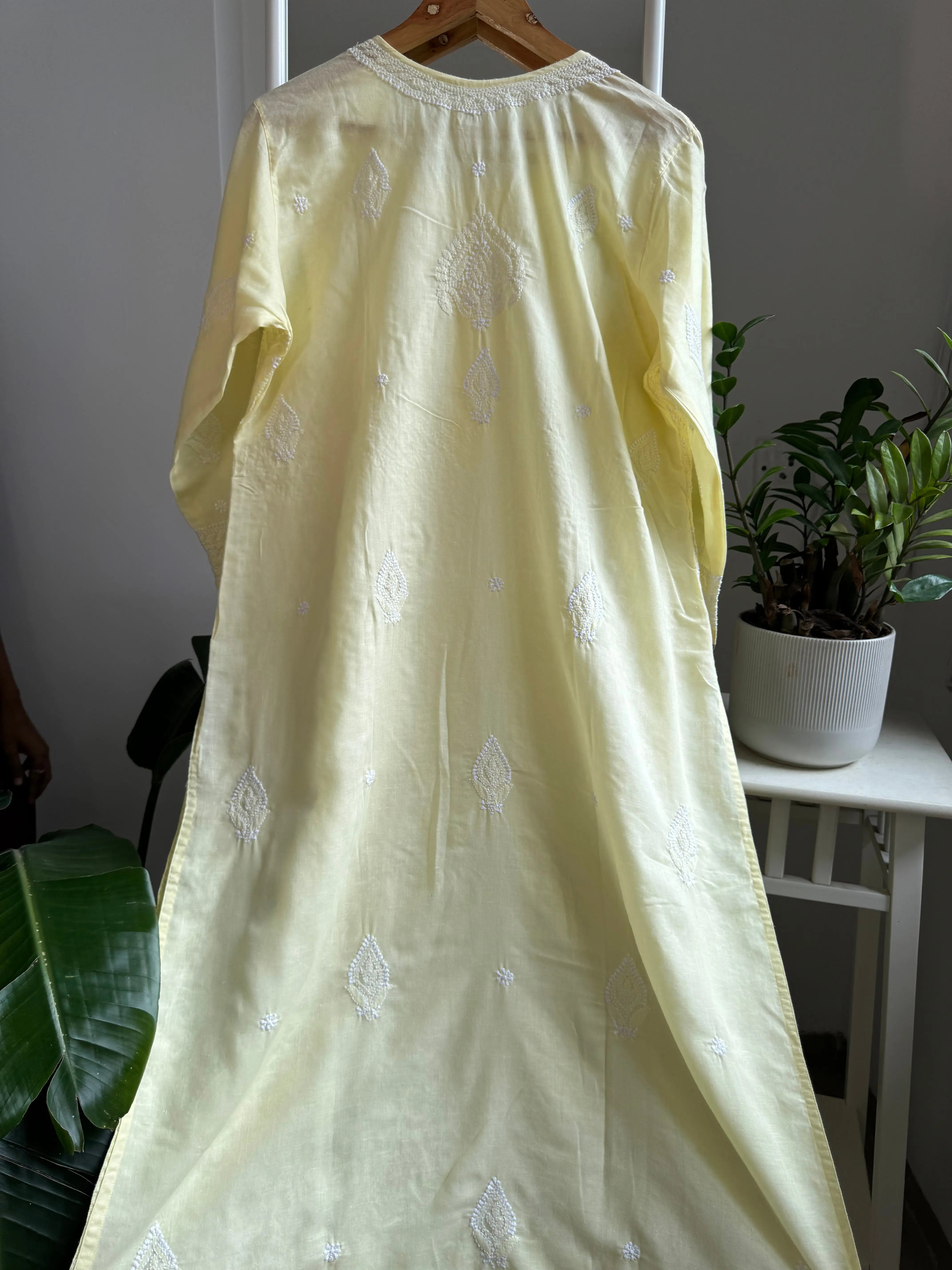 Cotton Chikankari Kurti - Light Yellow -white thread work ARIAA CHIKANKARI 