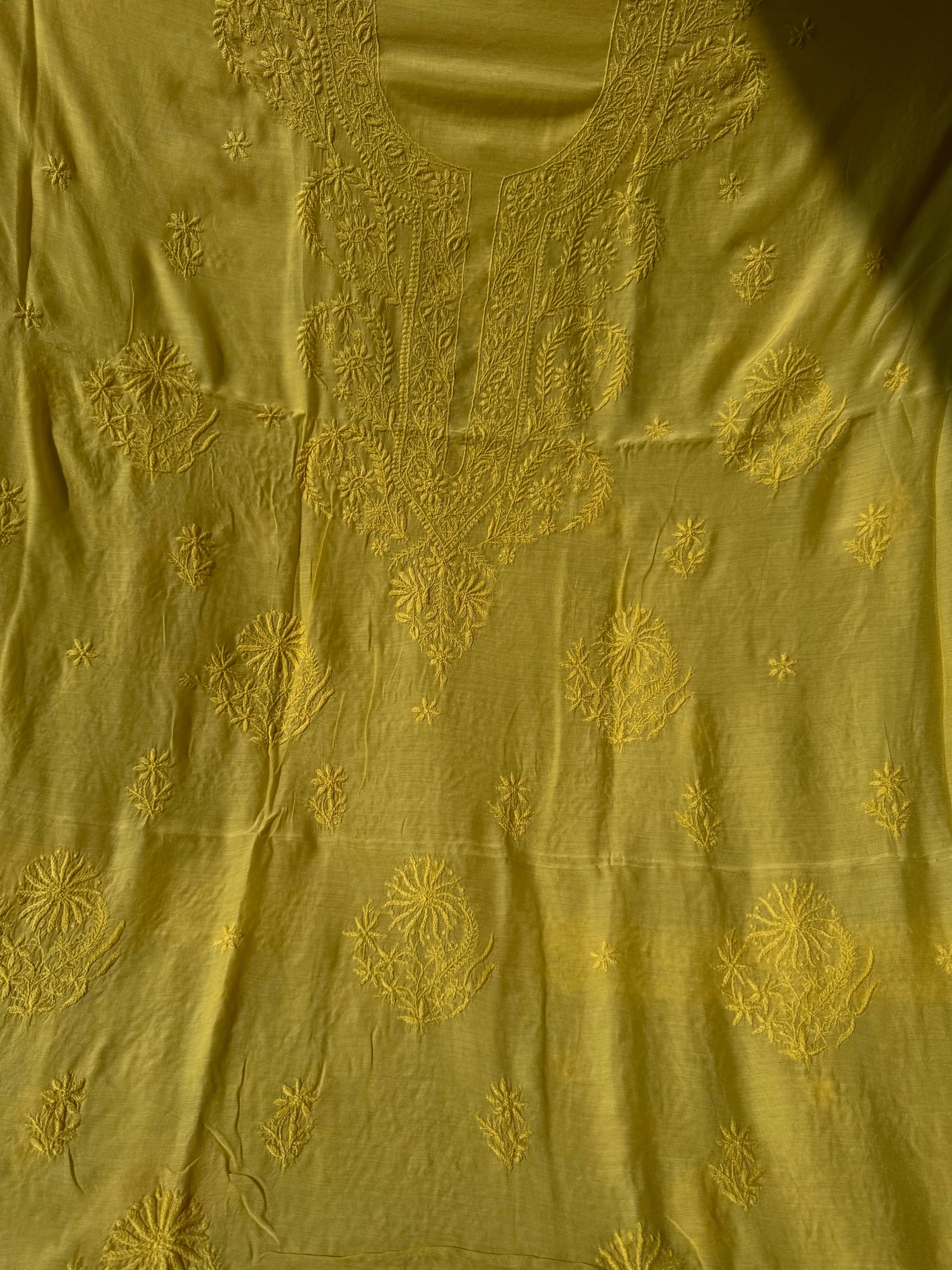 Pure Muslin kurti Length unstitched - Yellow ARIAA CHIKANKARI 