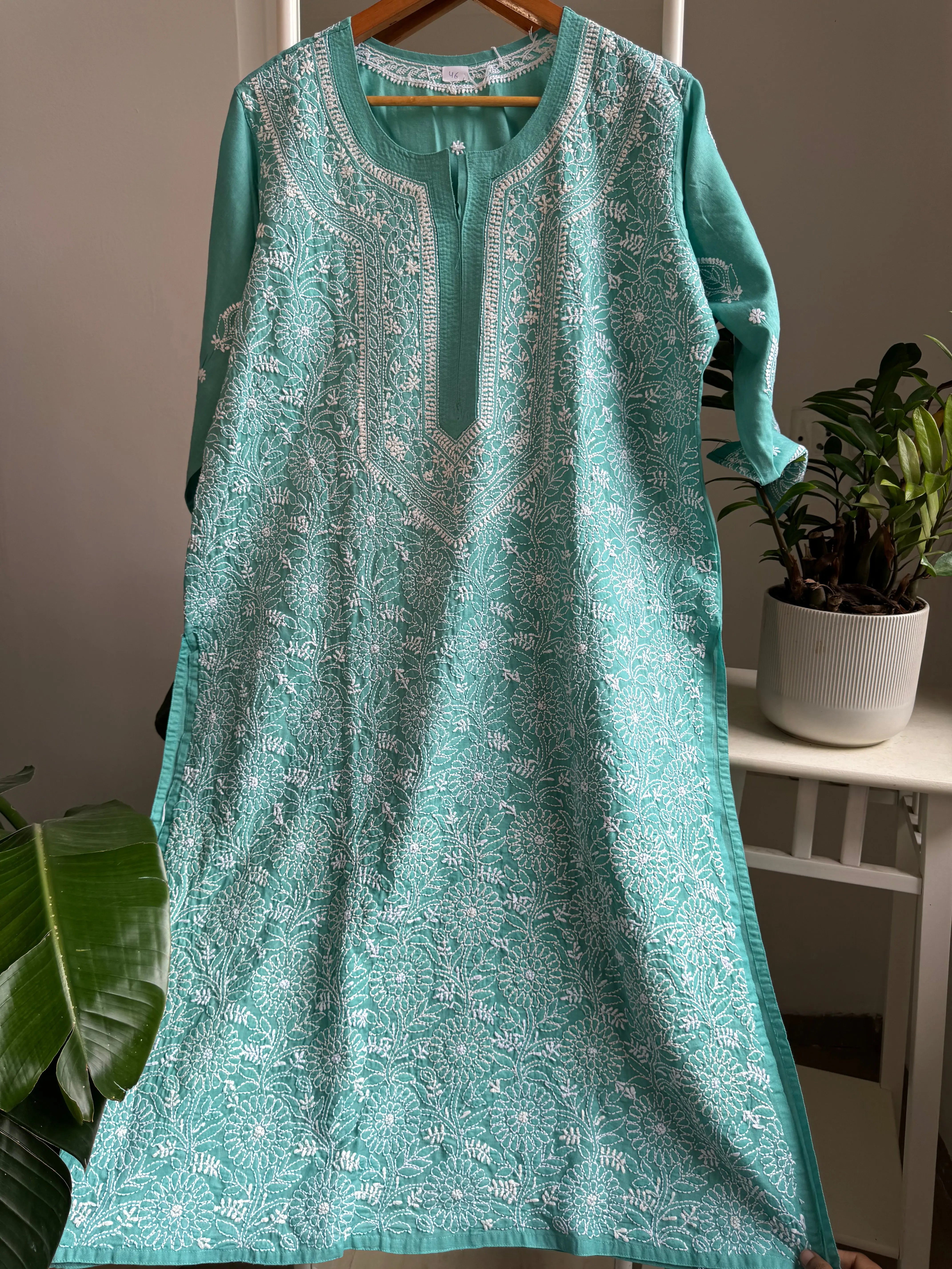 Cotton Chikankari Kurti - turquoise Green -white thread work ARIAA CHIKANKARI 