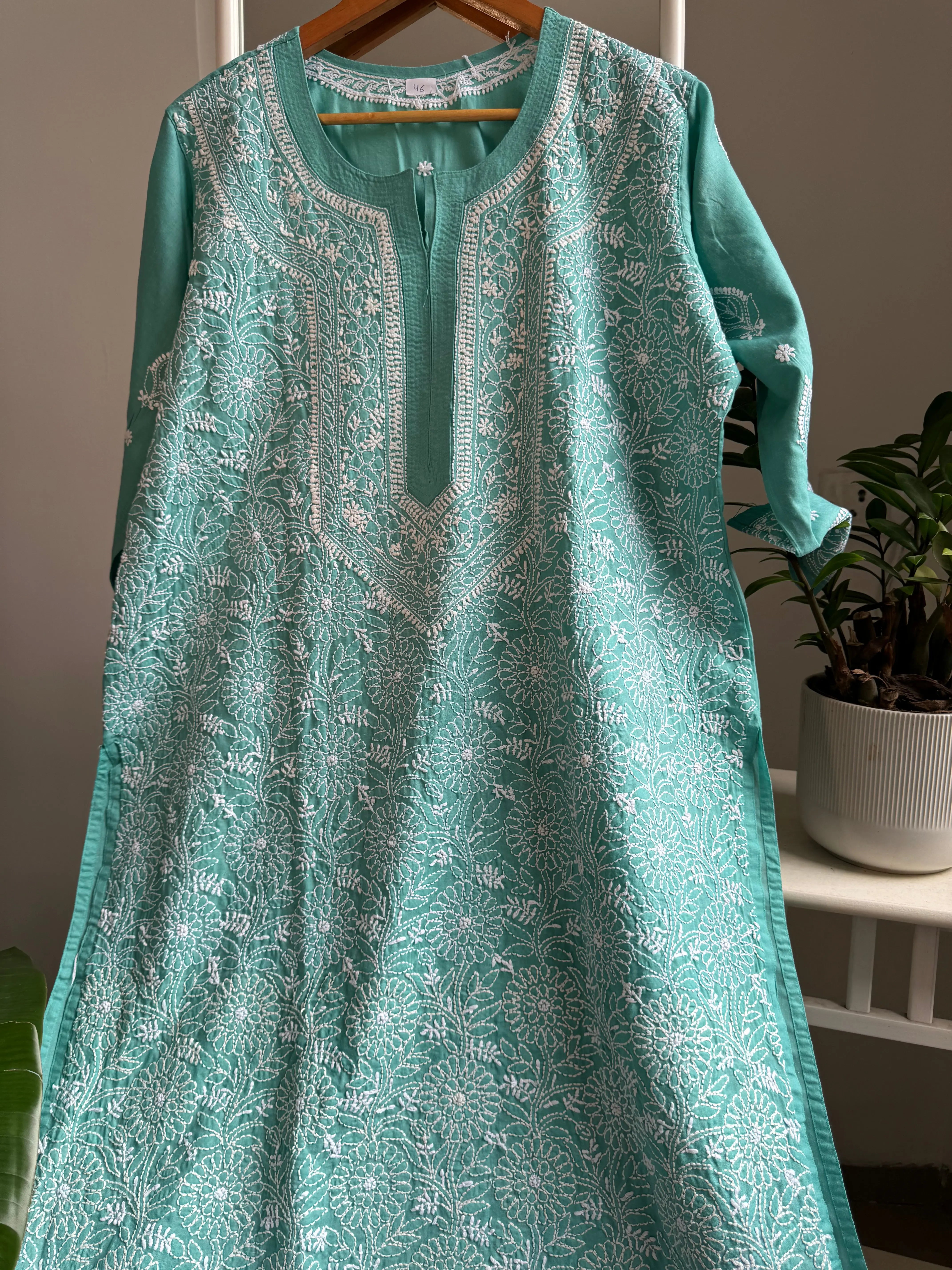 Cotton Chikankari Kurti - turquoise Green -white thread work ARIAA CHIKANKARI 